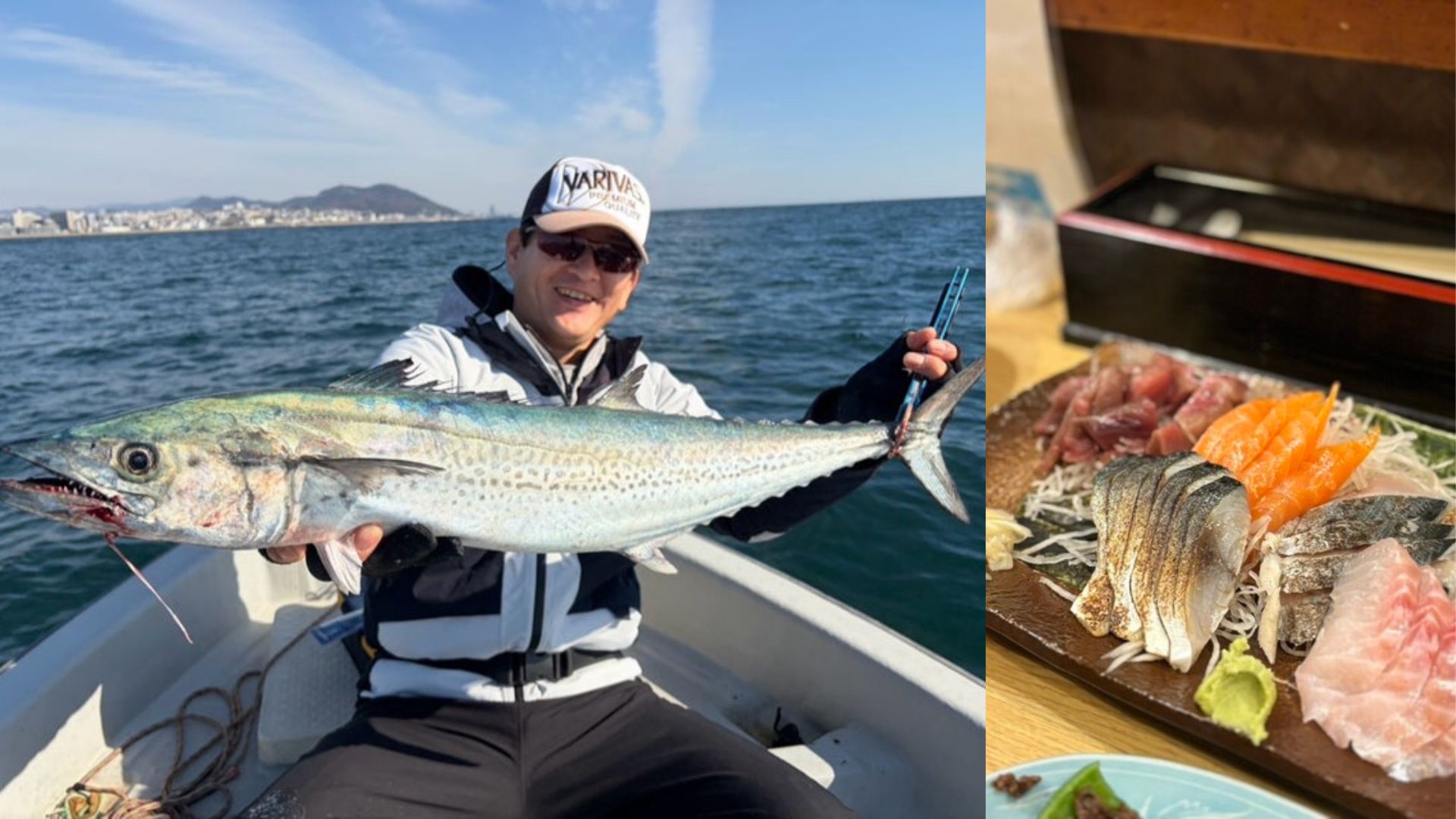 Night fishing in Osaka Bay with city lights glowing in the background.