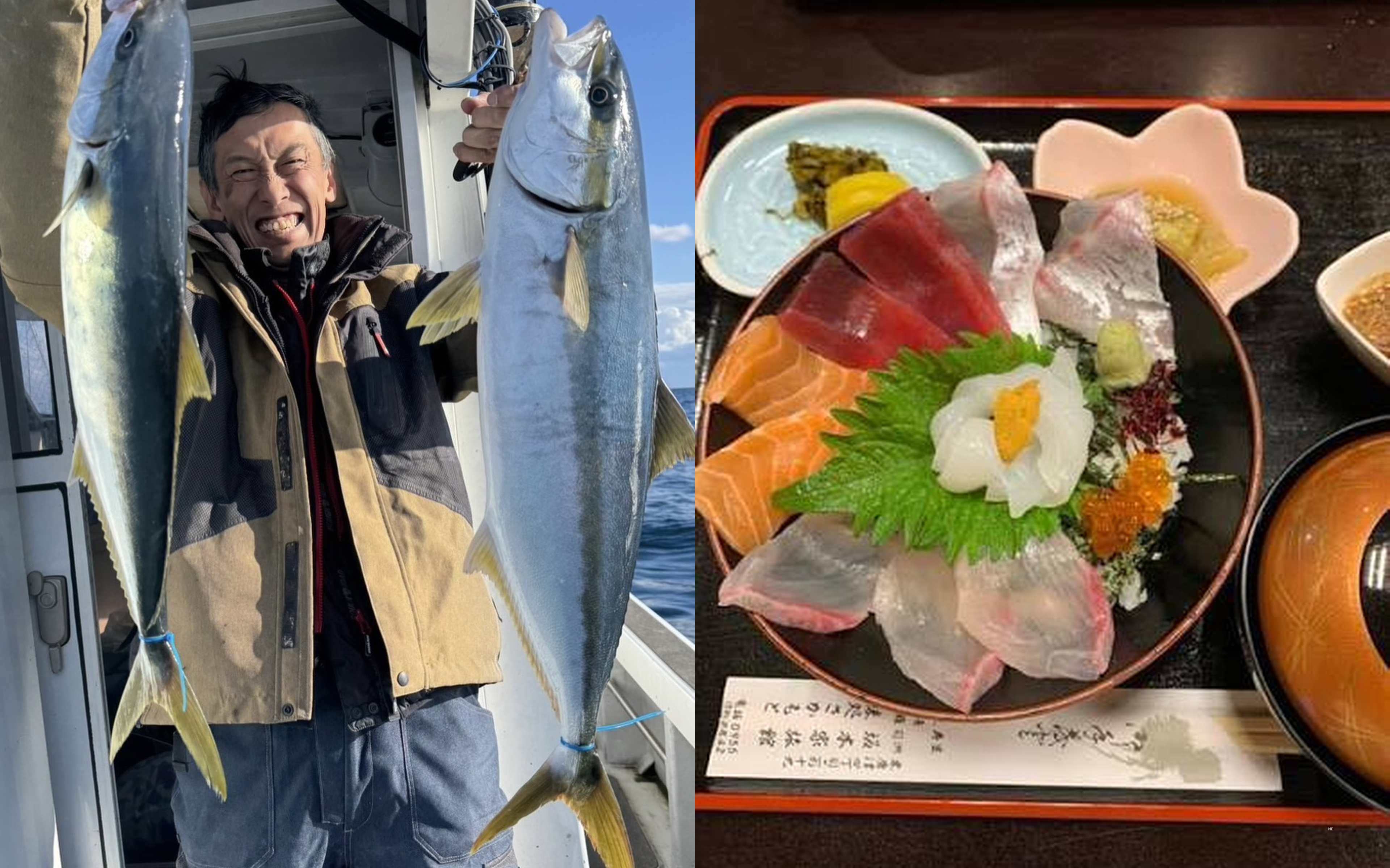 A man holding a yellowtail in each hand, and a seafood rice bowl set