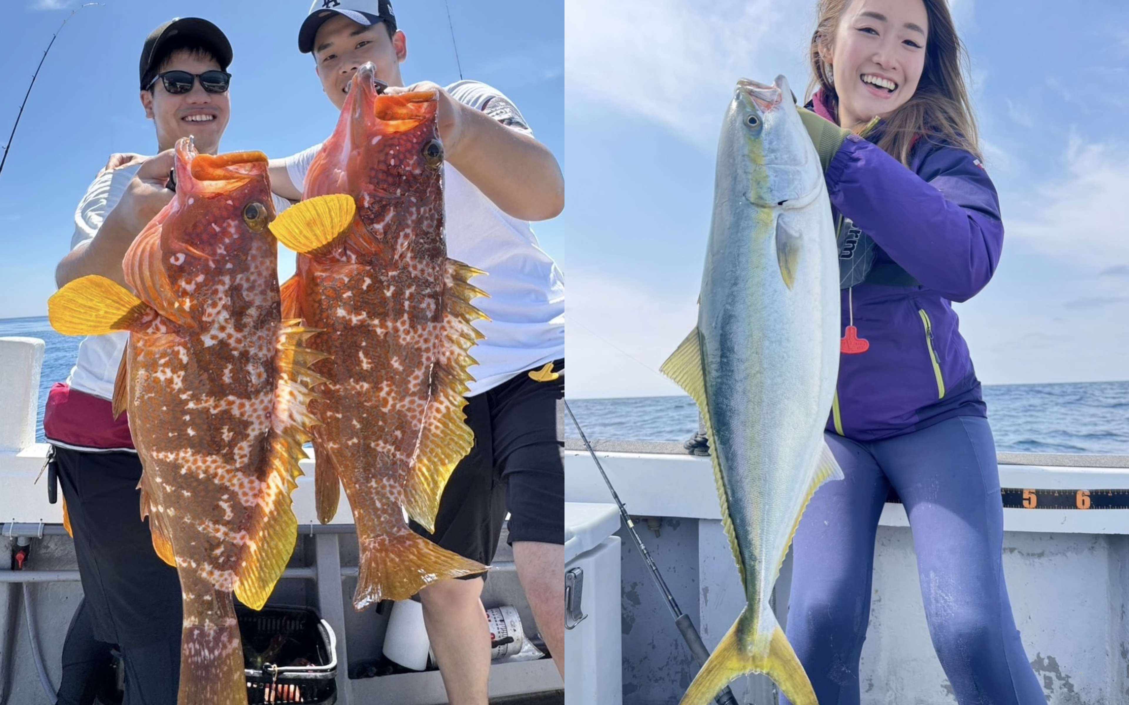 Two anglers each holding up a grouper, and a woman with a yellow-tailed yellowtail