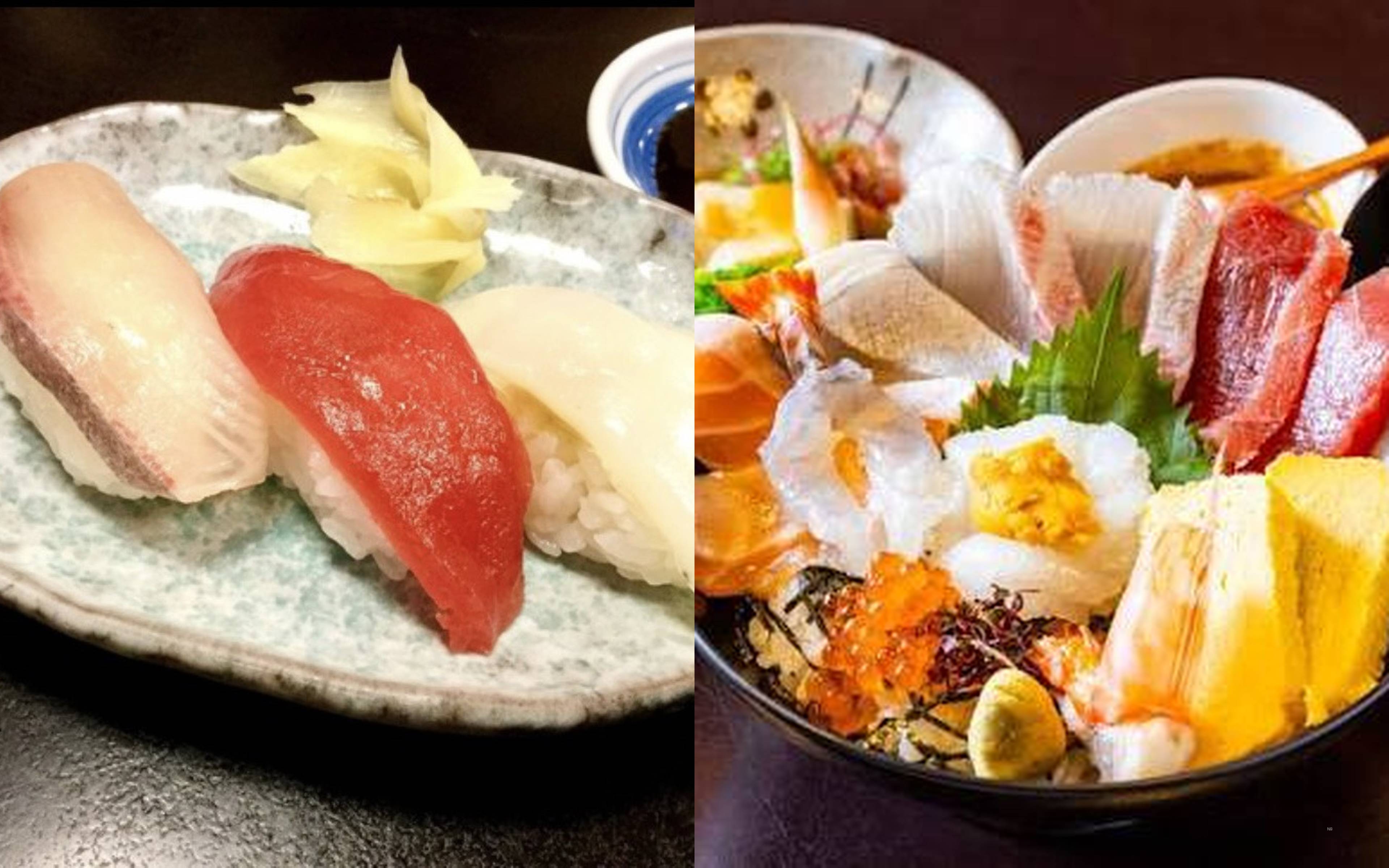 Three pieces of nigiri, and a heaped seafood rice bowl