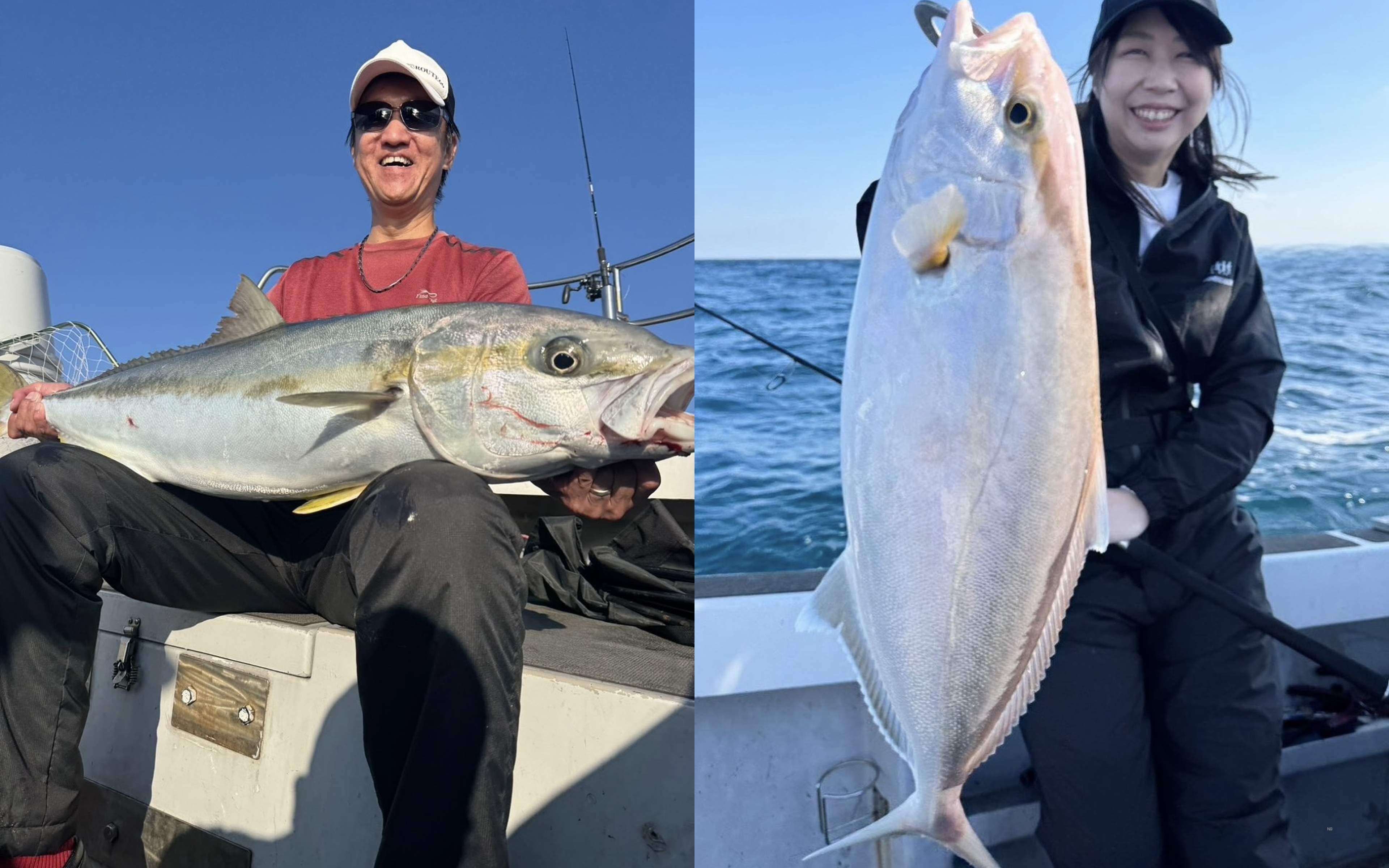 A man cradling a big yellowtail, and a woman holding a tall silver fish