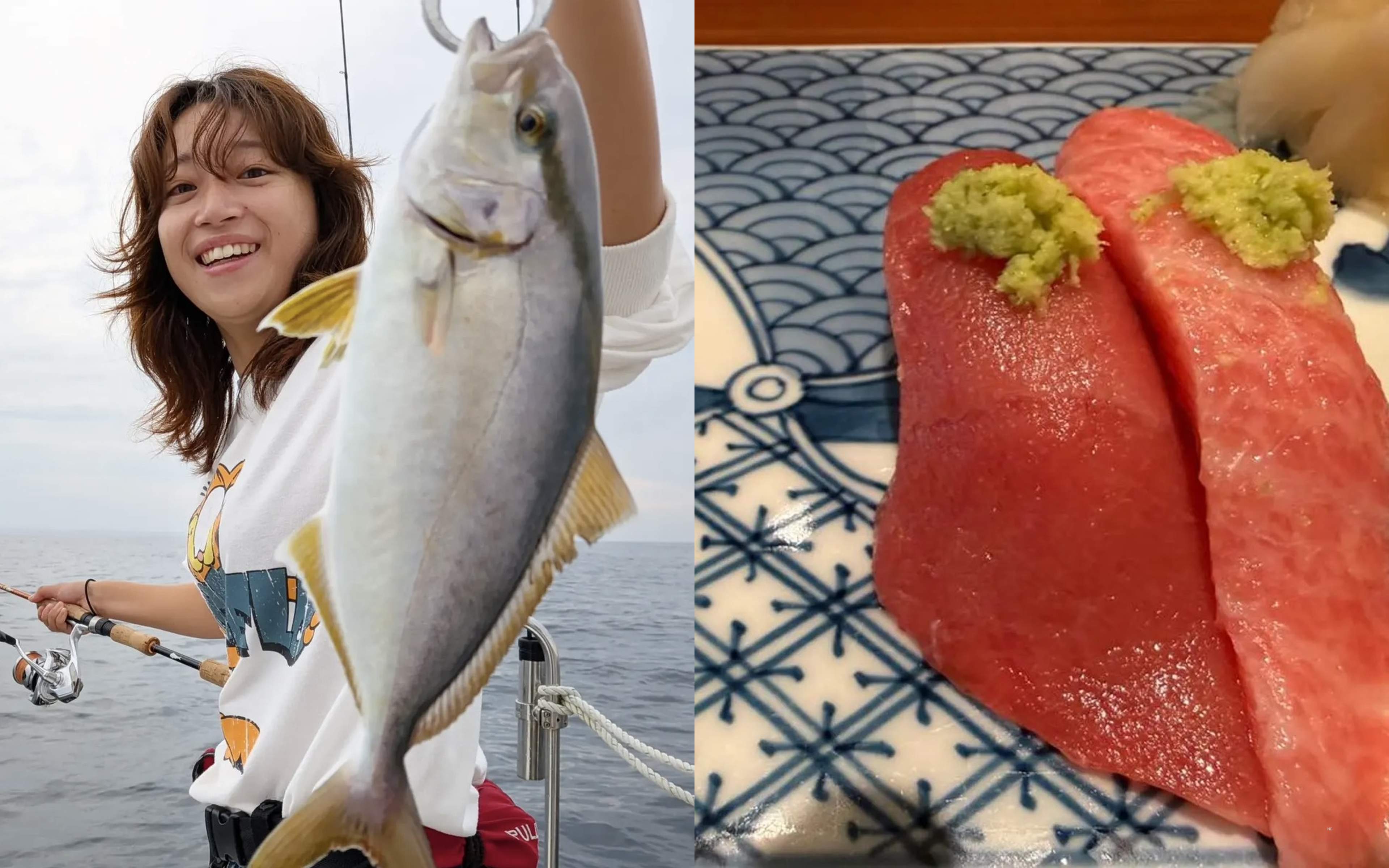 Someone with long hair holding up a big silver fish, and two pieces of tuna nigiri