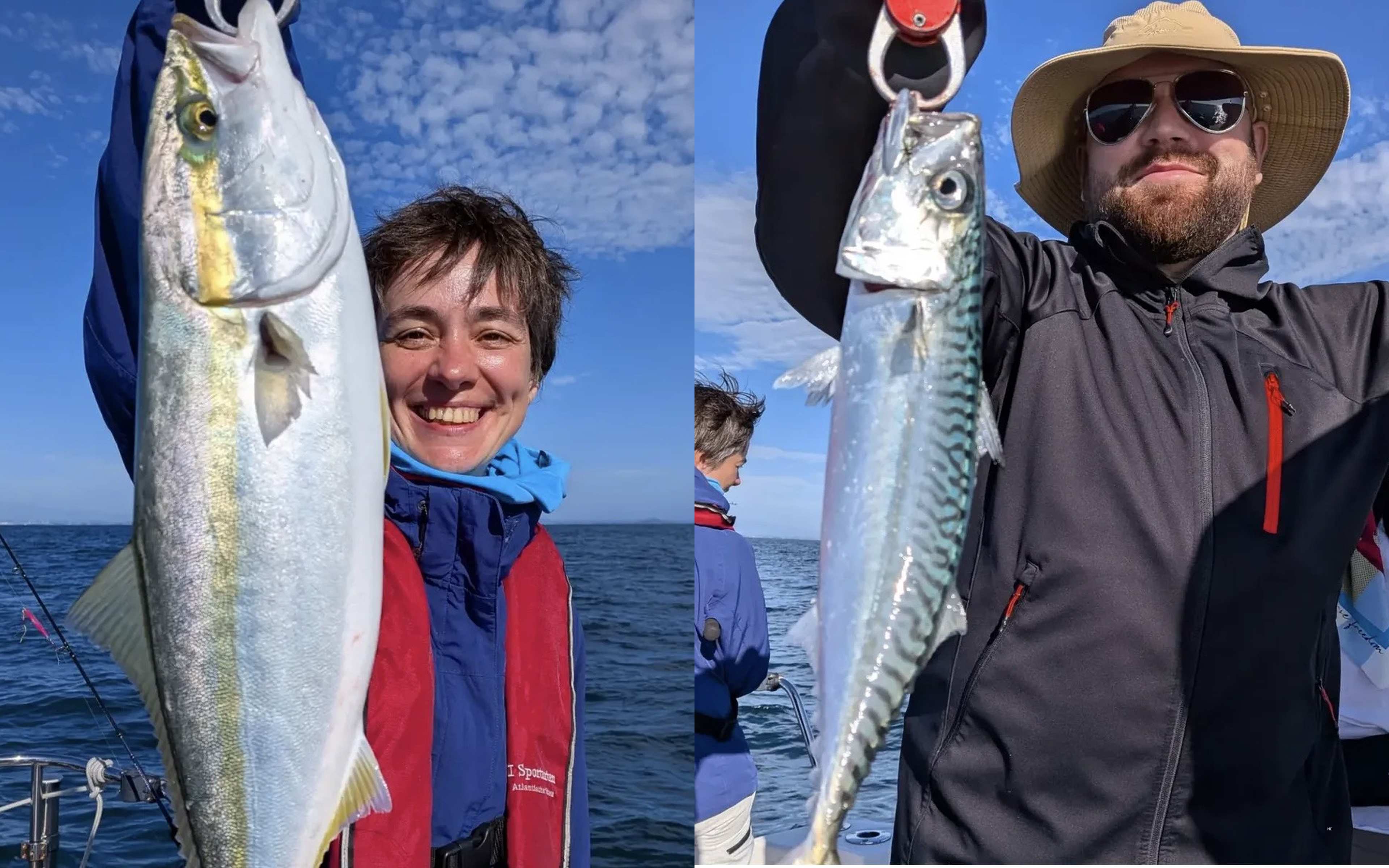 Someone holding up a silver fish with a yellow stripe, and a man holding up a blue-green fish with wavy markings