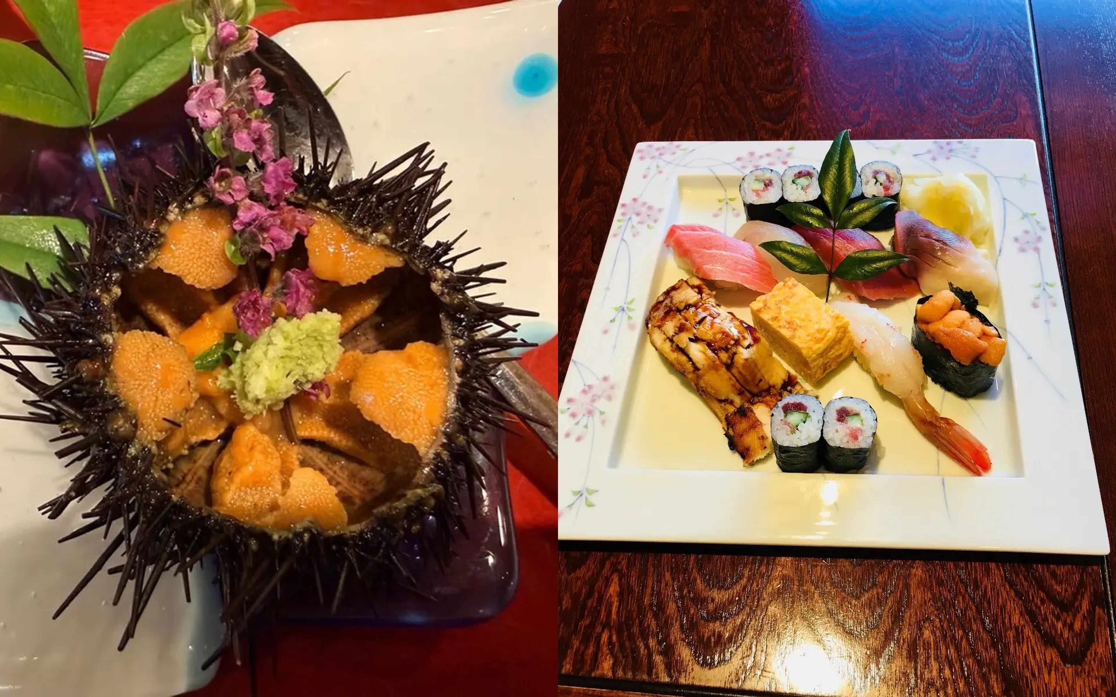 A sea urchin served in its shell, and a platter of nigiri and rolls