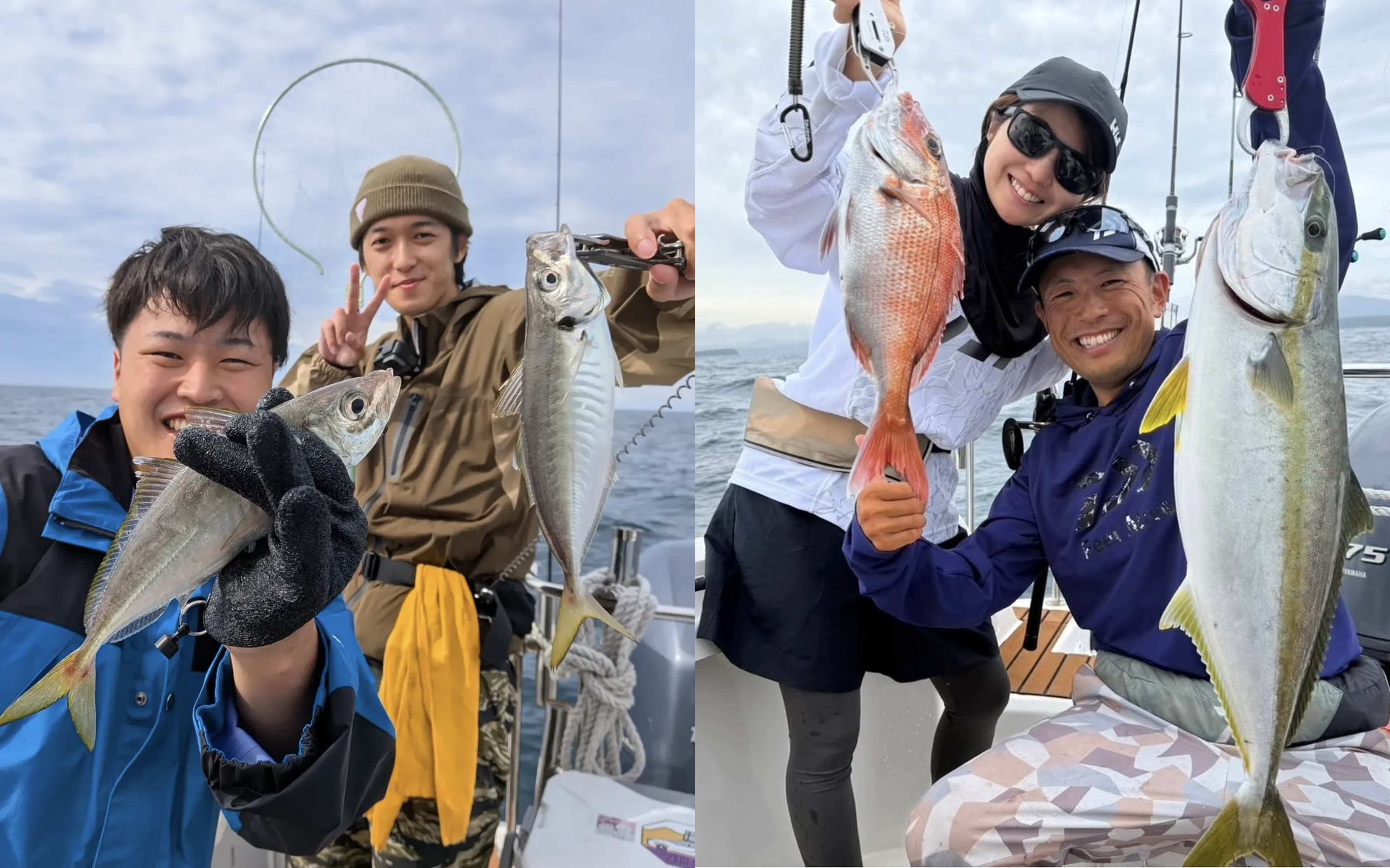 Two young men holding silver fish, two anglers holding up a red fish and a silver fish, and a child holding a red fish