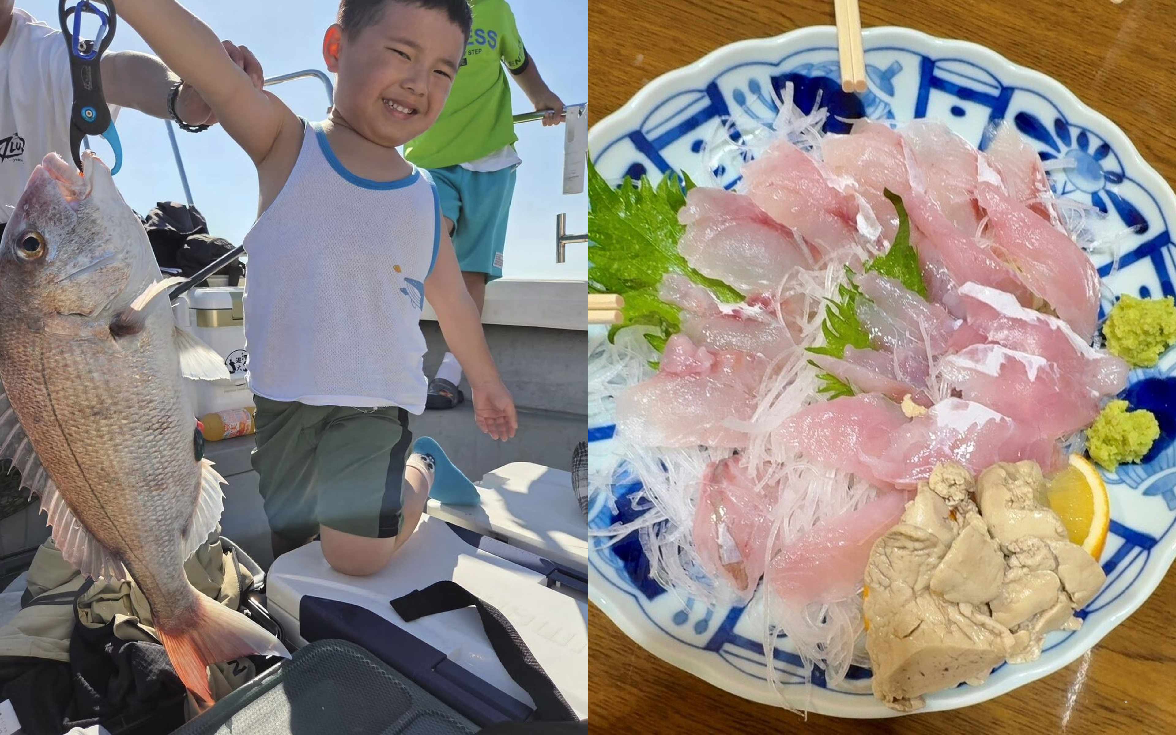 A smiling boy in a white tank top beside a red fish, and white-fish sashimi served with liver