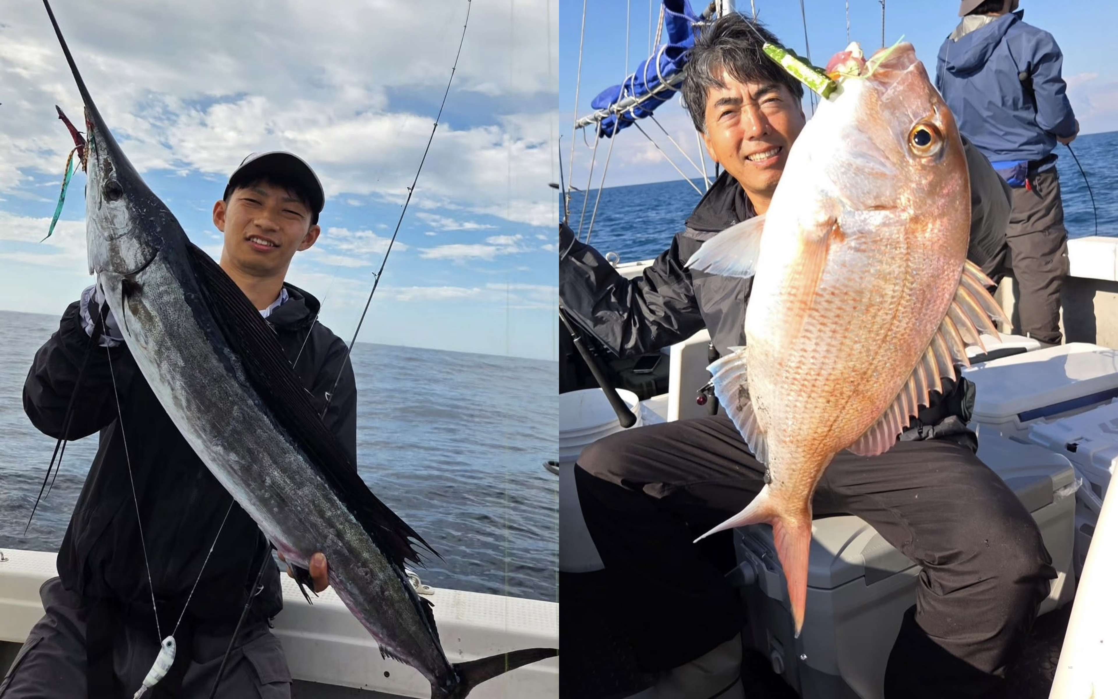 A young man in a black cap holding a large fish with a long bill, and a man holding a red fish with a lure in its mouth