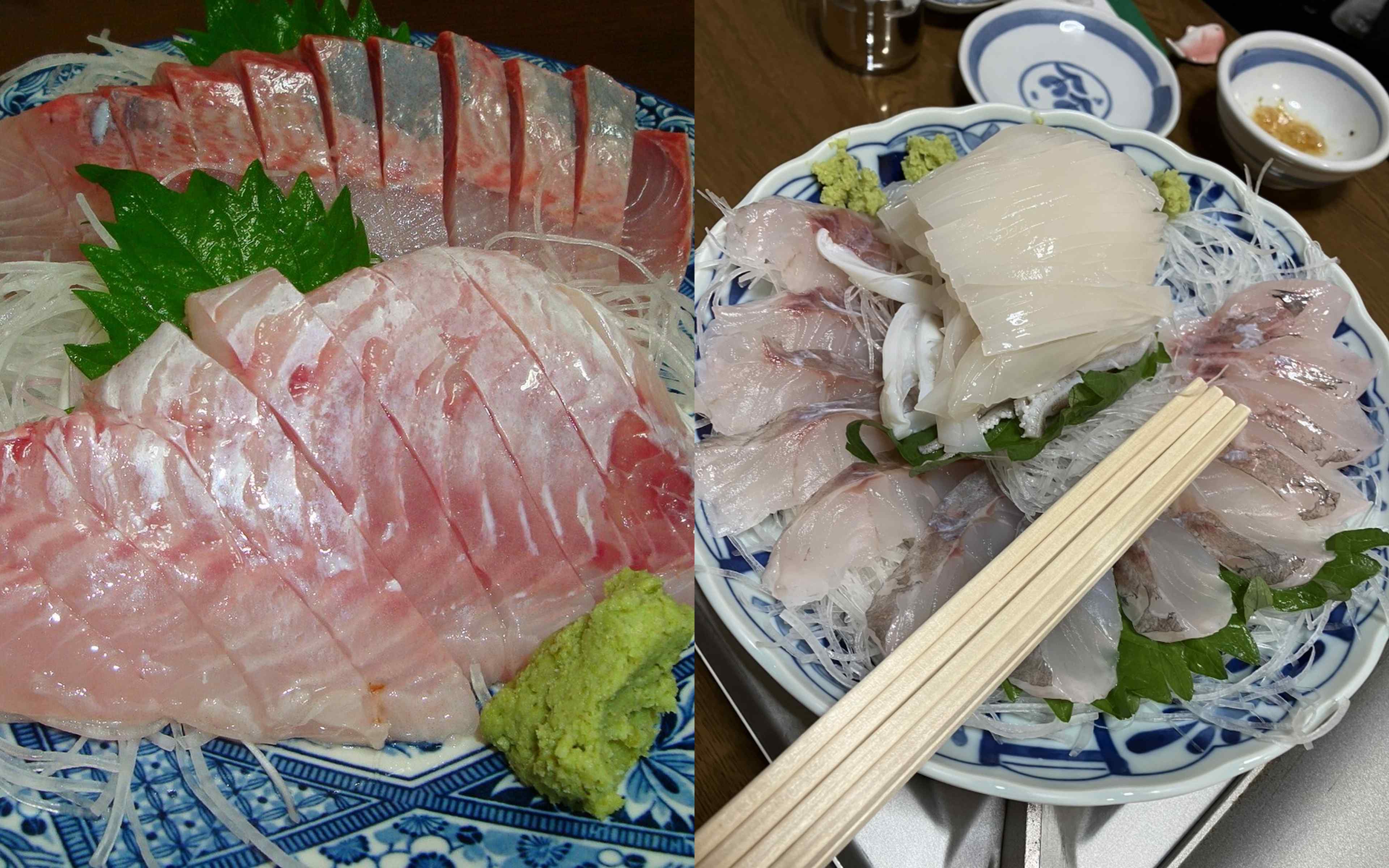 Red-skinned fish and white-fish sashimi, and a platter of squid and white-fish sashimi