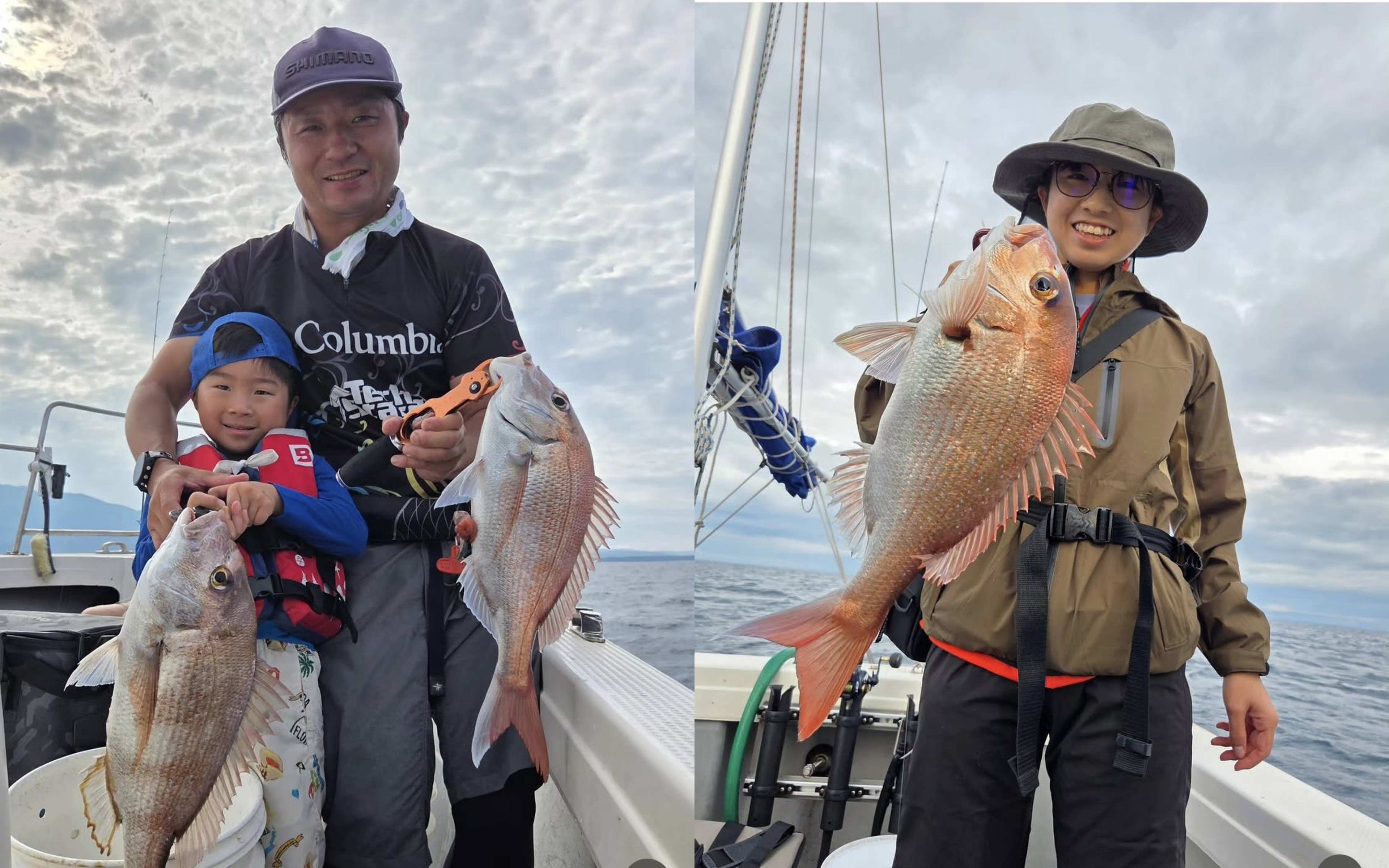 A man and a child in a red life jacket holding red fish, a person in a wide-brimmed hat holding a red fish, and a person giving a thumbs-up with a red fish