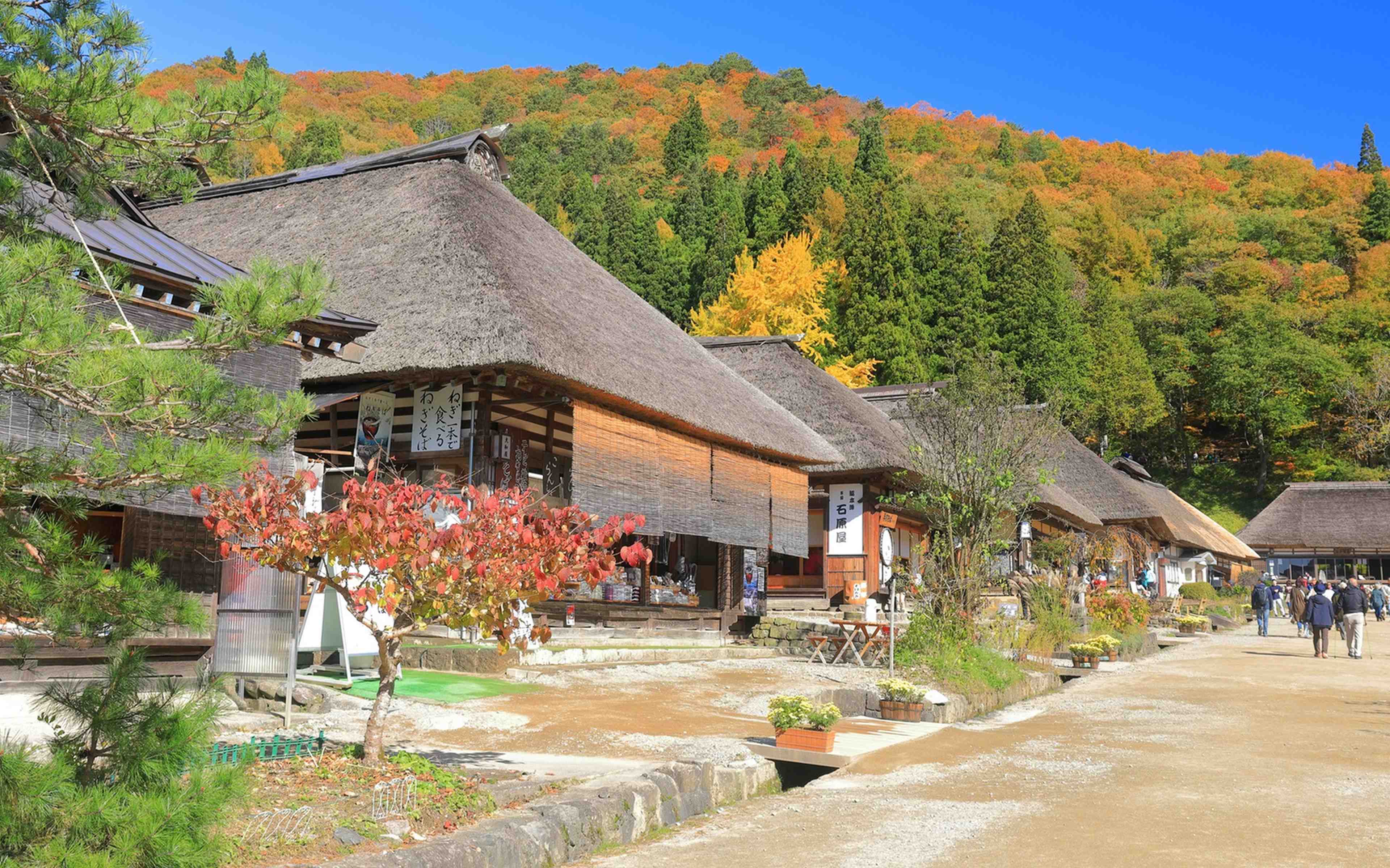 A street of thatched-roof houses below an autumn-coloured hillside