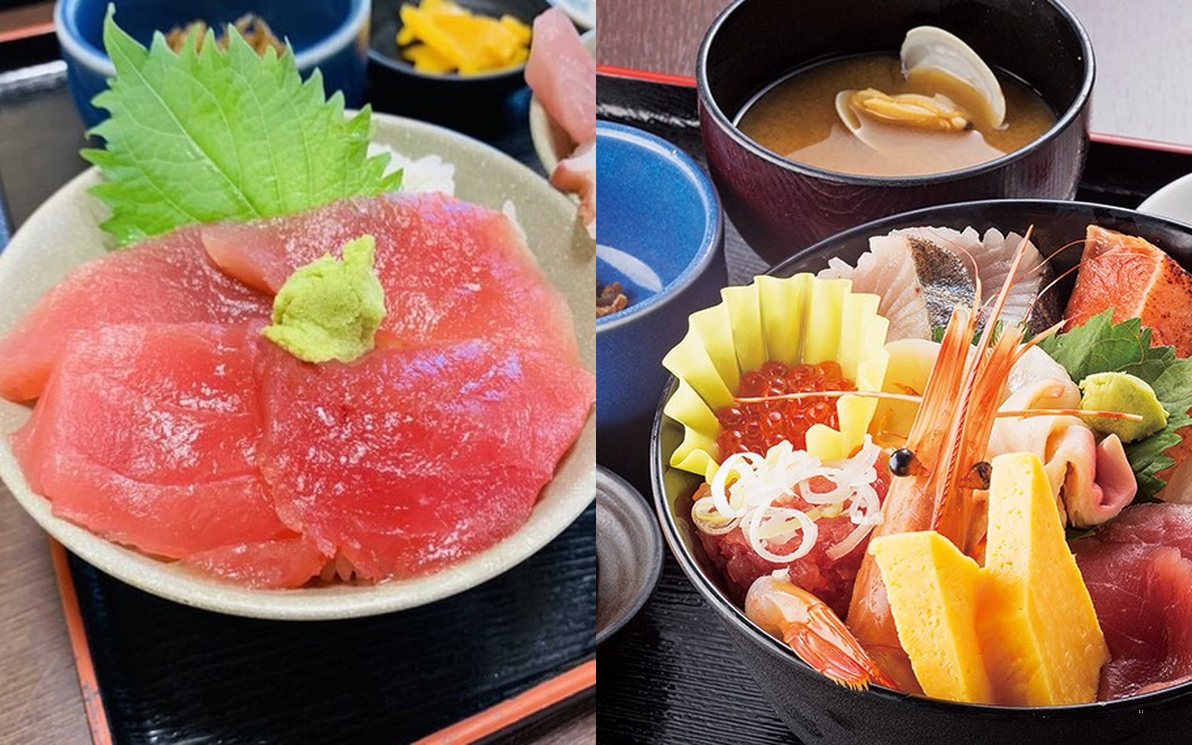 A tuna rice bowl with shiso and wasabi, and a seafood rice bowl with clam miso soup
