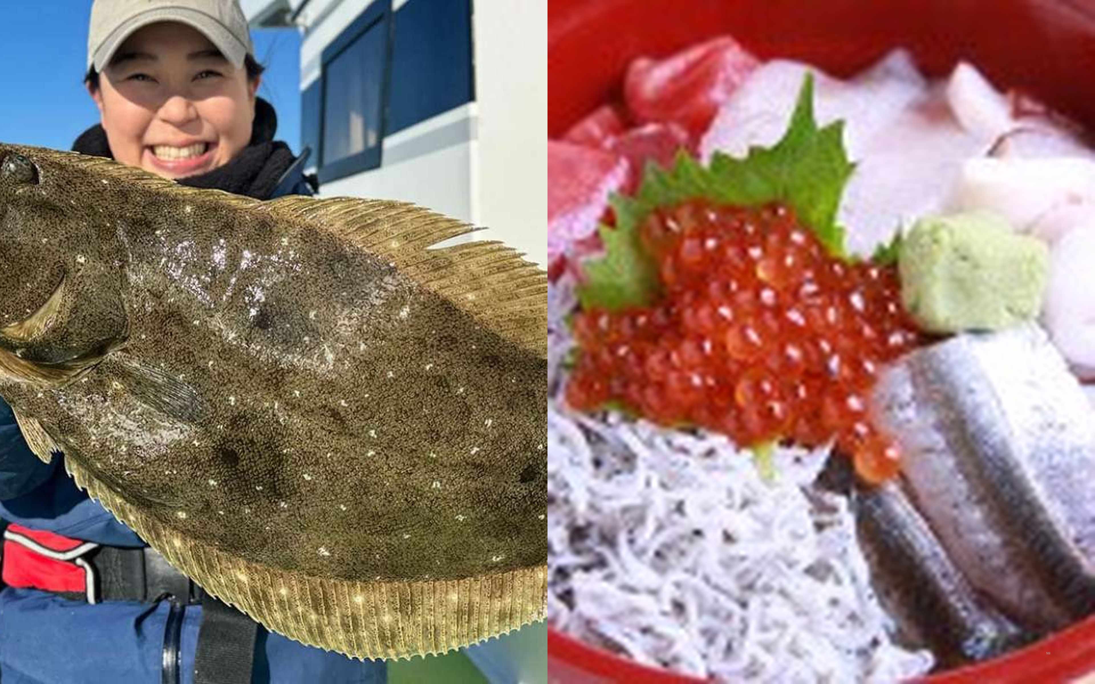 A woman in a black jacket holding a big flat fish, and a seafood rice bowl topped with whitebait, salmon roe and sashimi