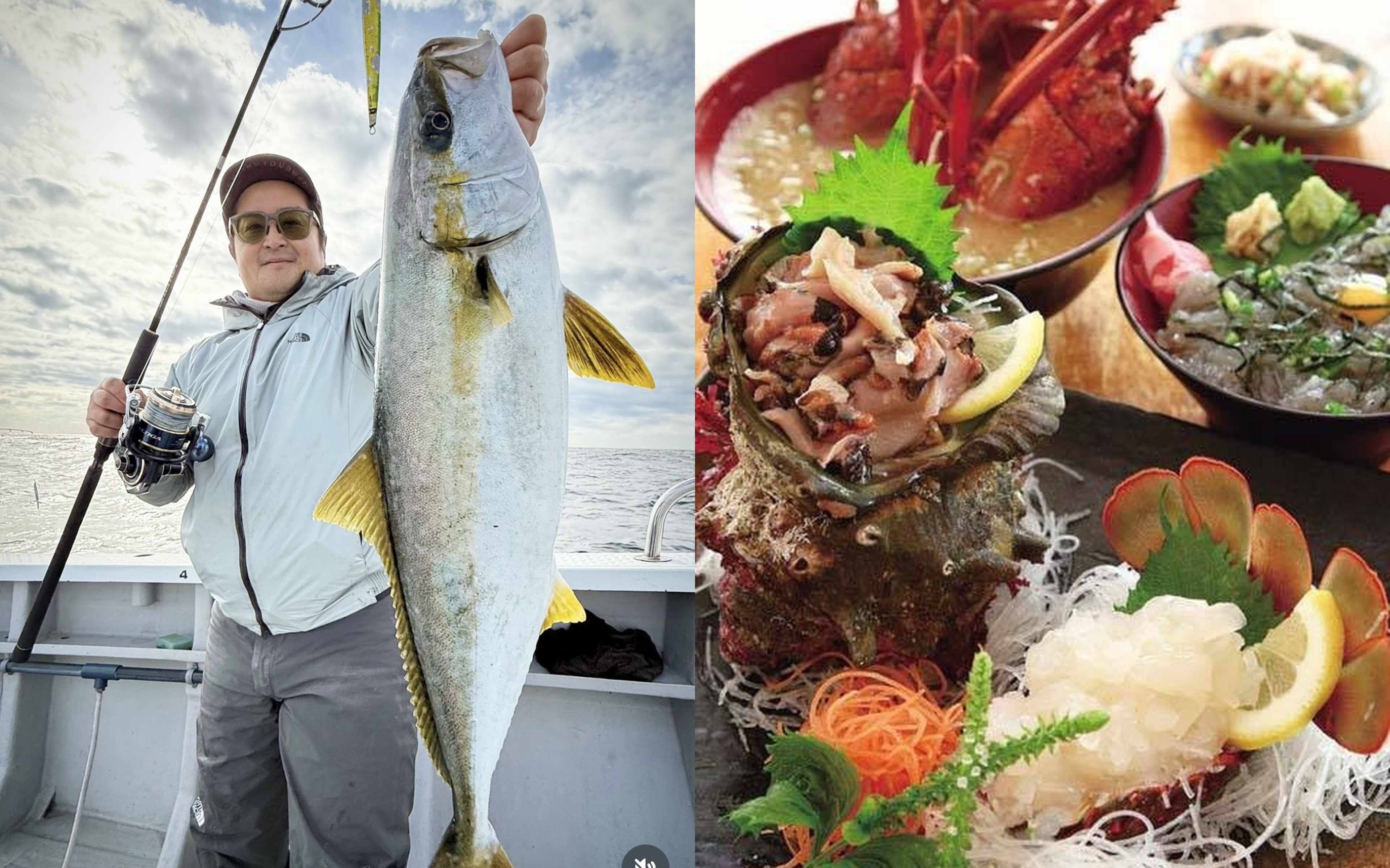 A man in a grey jacket holding up a long fish beside his rod, and a tray of spiny lobster soup and sashimi