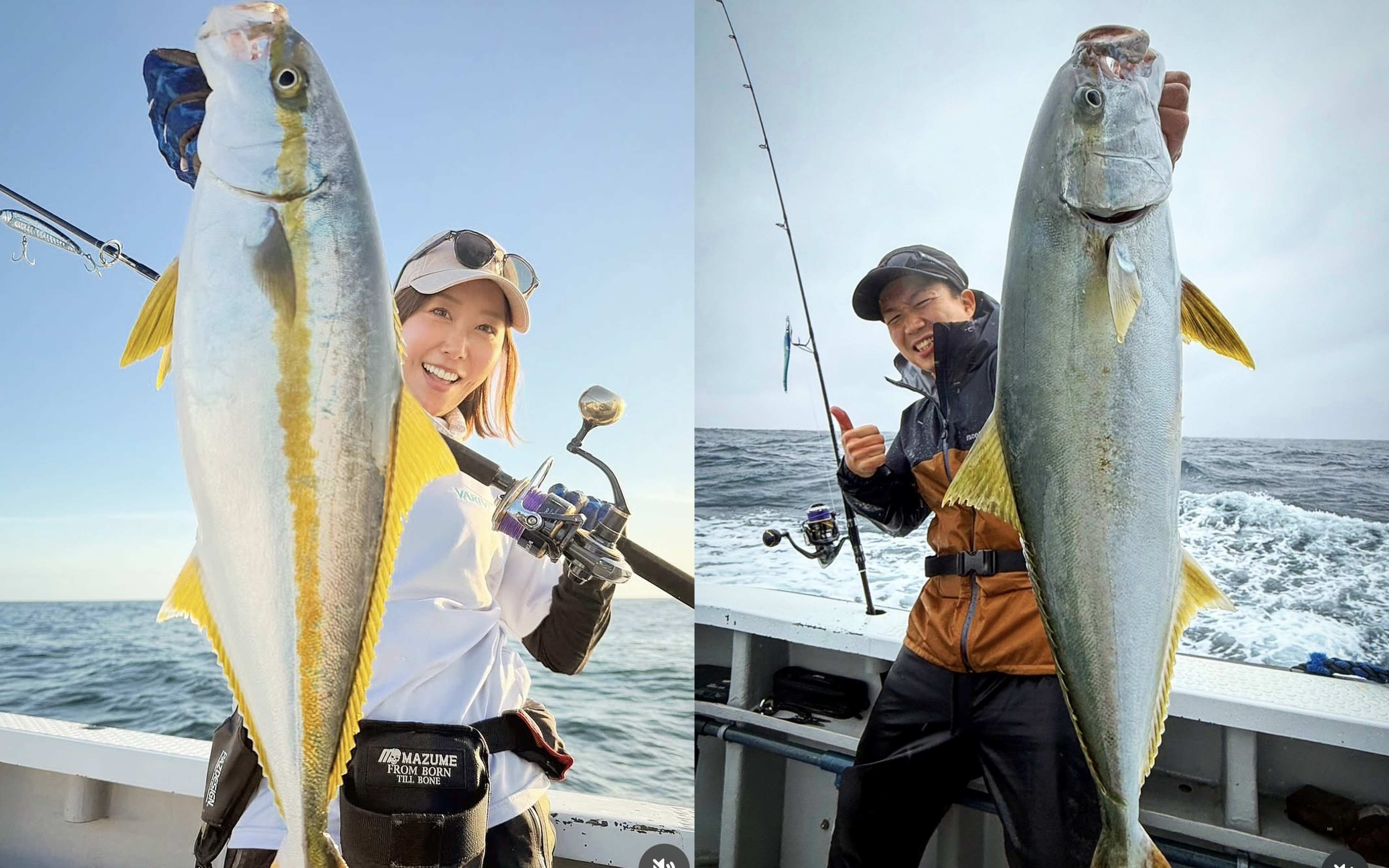 A woman in white holding up a long fish, and a man giving a thumbs-up with a long fish