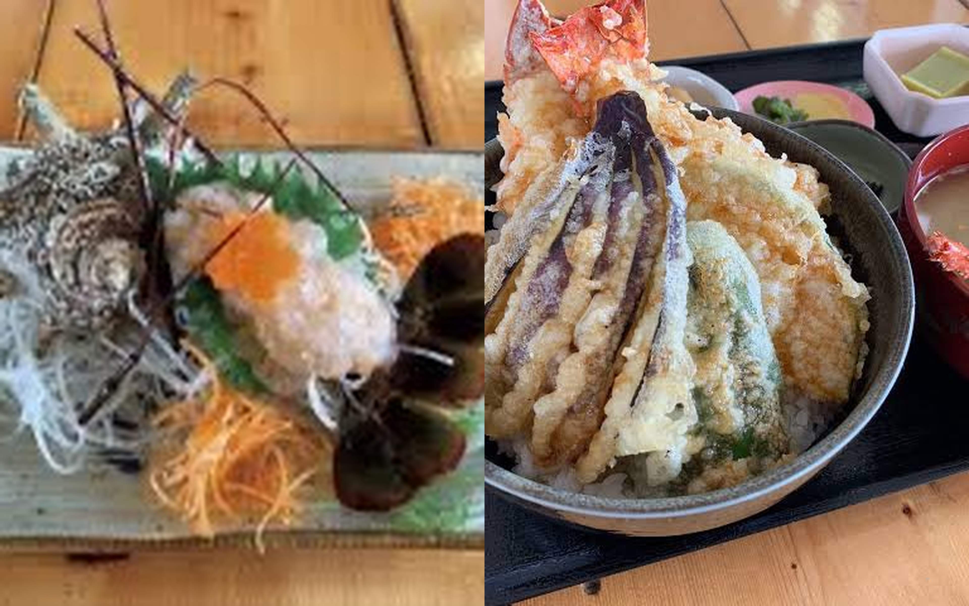 Spiny lobster sashimi, and a rice bowl topped with prawn tempura