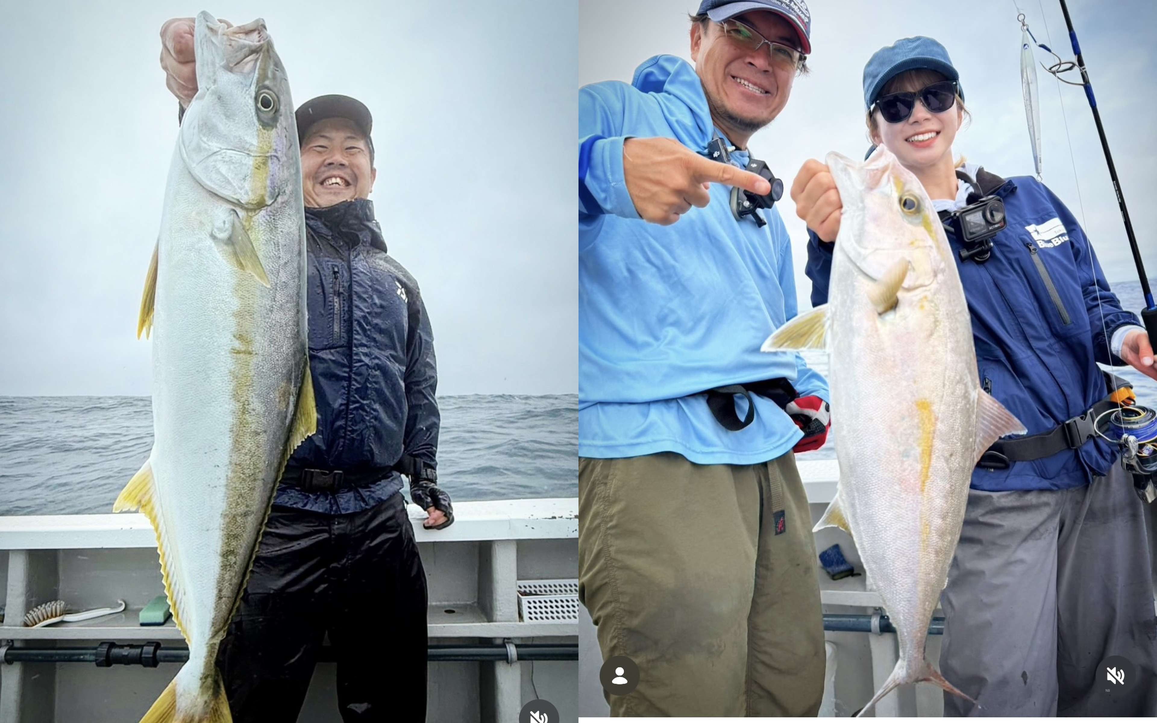 A smiling man in a black cap holding up a long fish, and a man and a woman holding a silver fish together