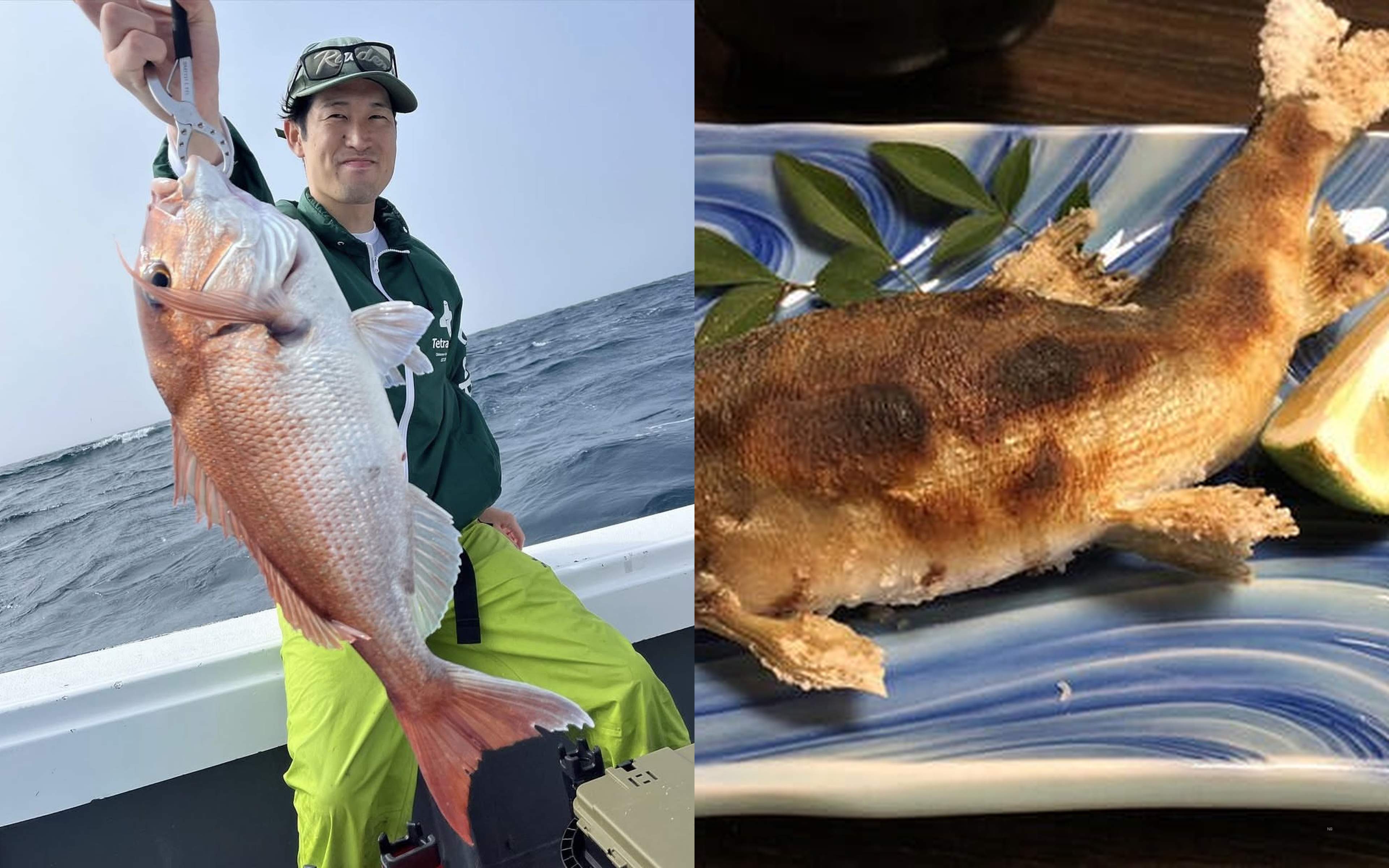 A man in a green jacket holding up a red sea bream, and a salt-grilled river fish