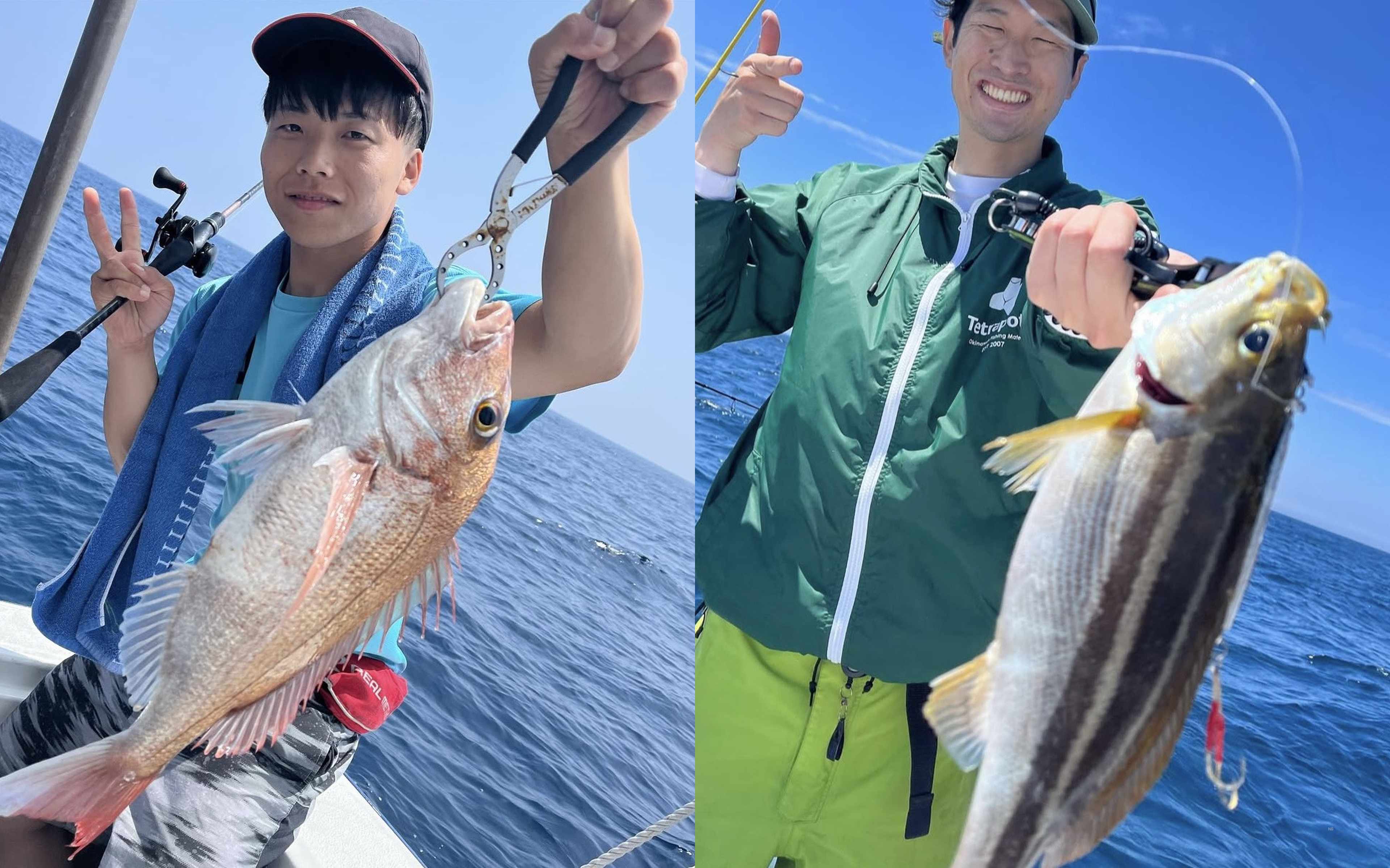 A man making a peace sign with a red sea bream, and a man with a black-striped fish