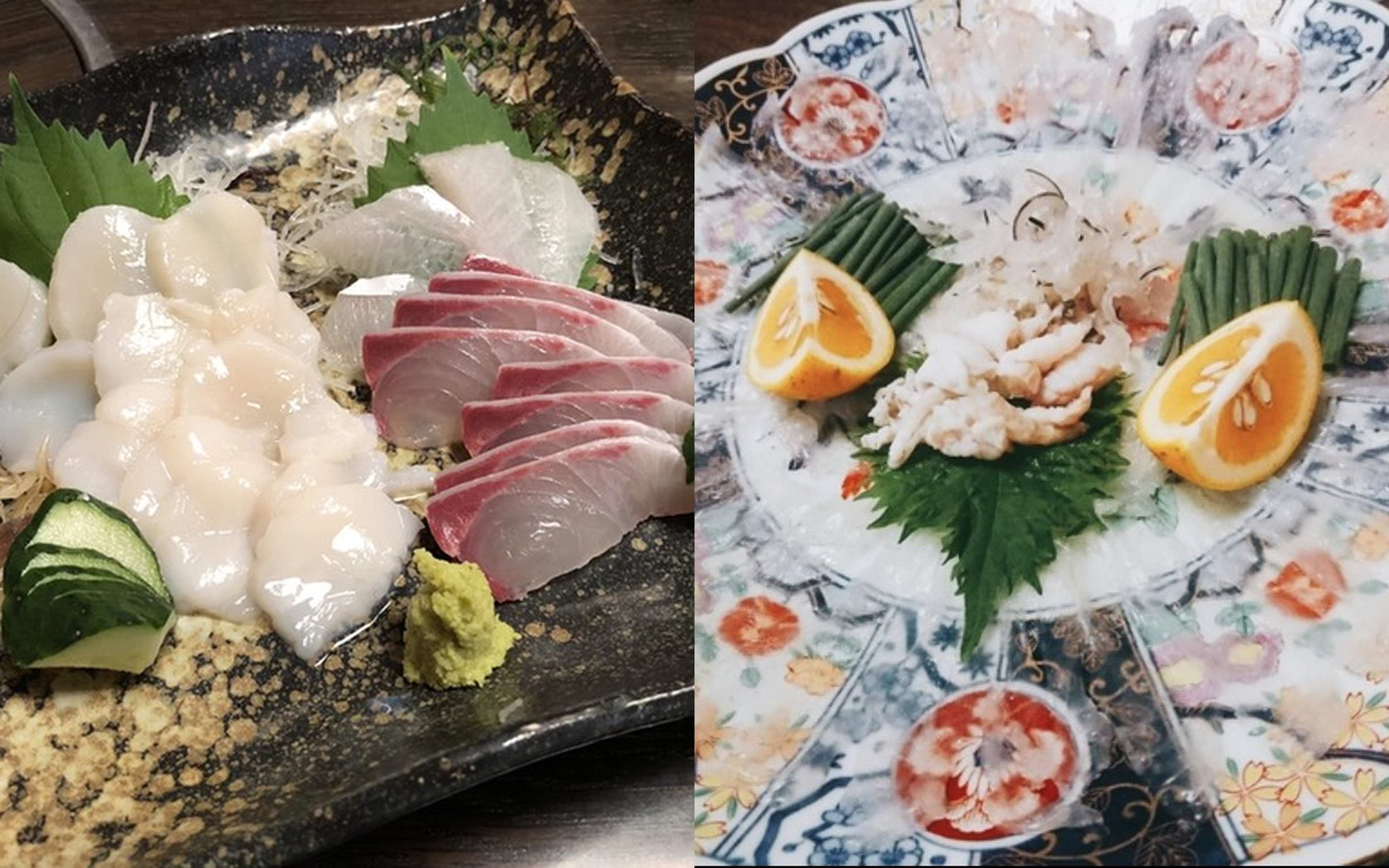Scallop and yellowtail sashimi, and paper-thin puffer fish sashimi
