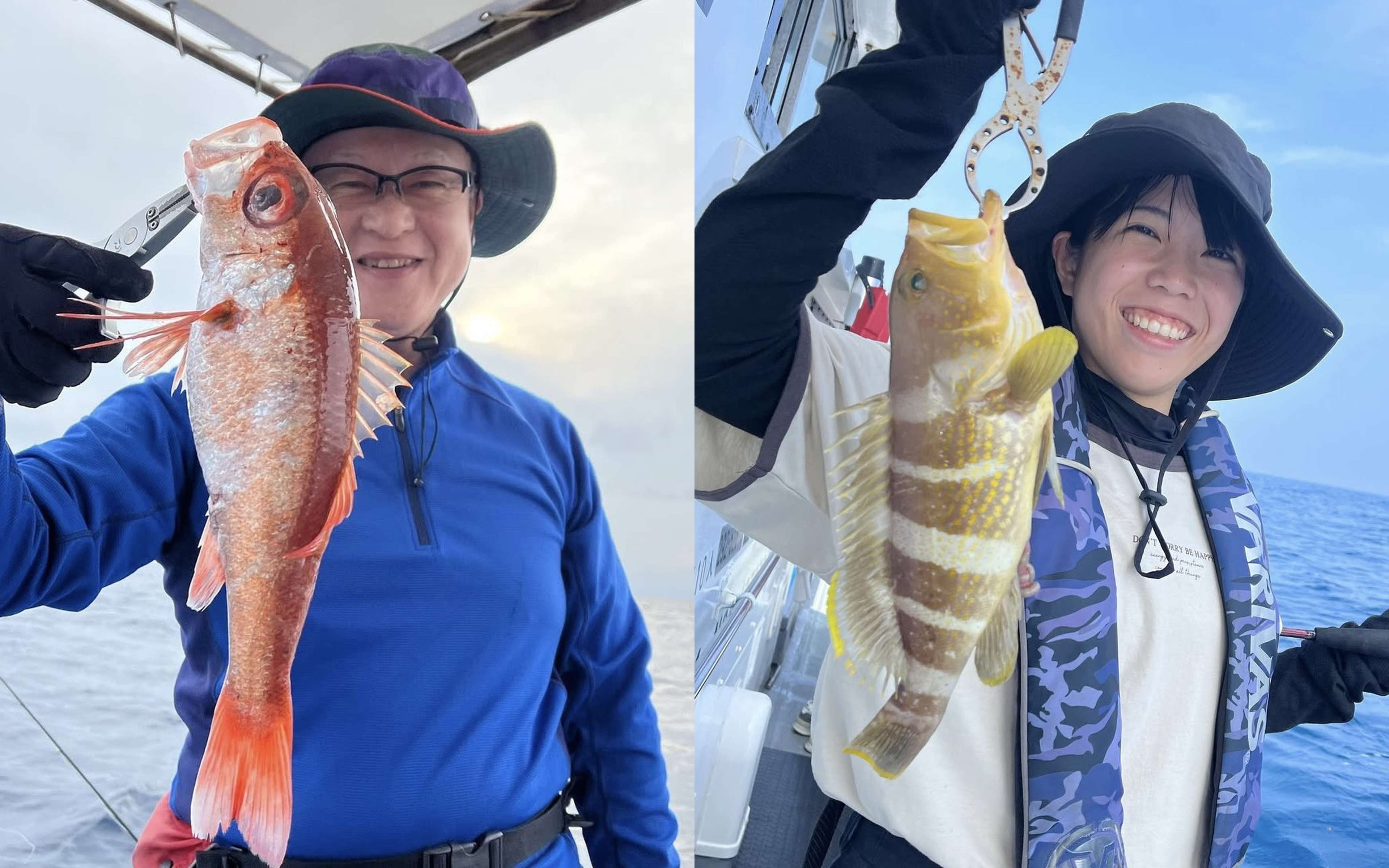 A man in glasses with a big-eyed red fish, and a woman holding a striped grouper