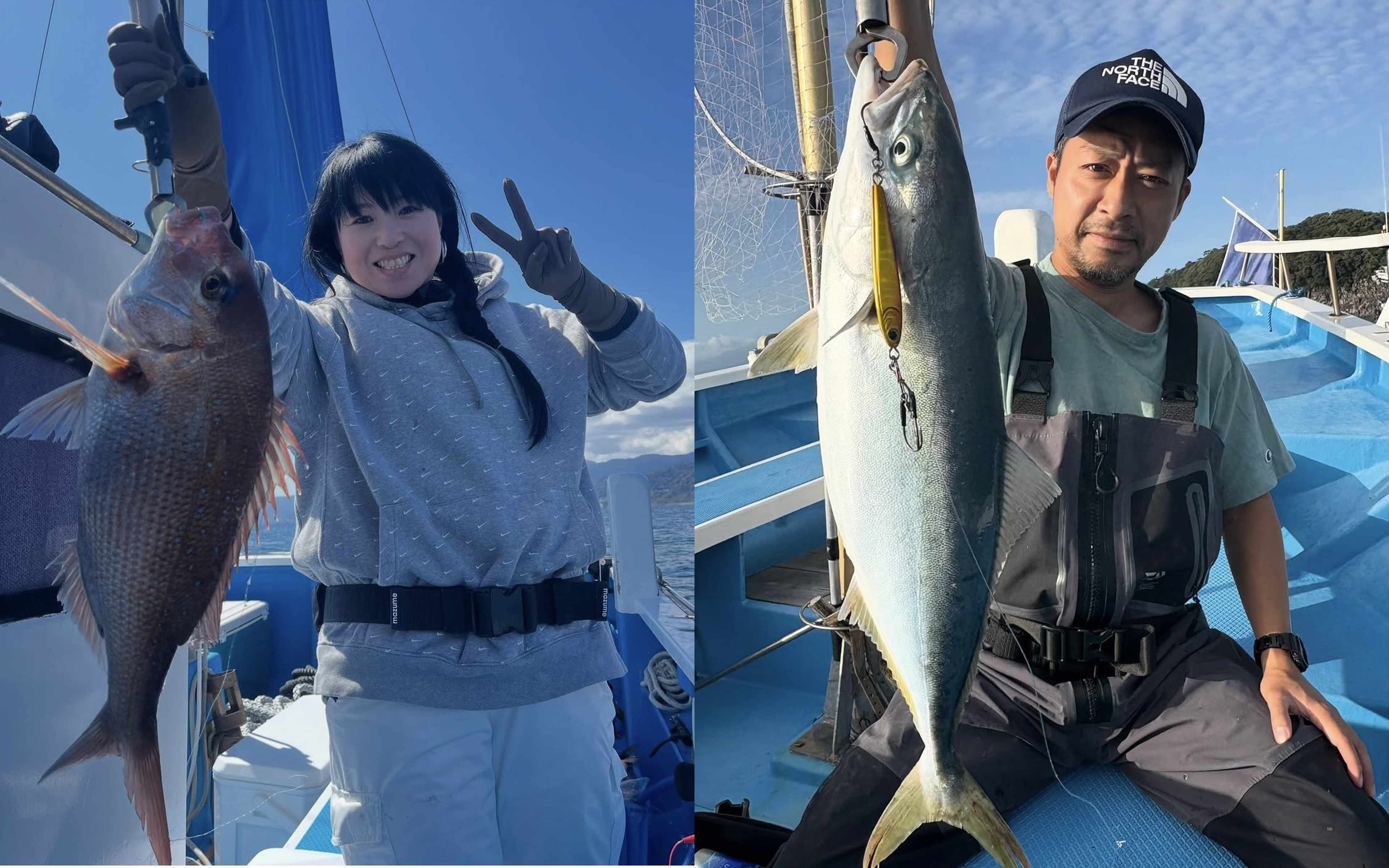 A woman giving a peace sign with a red fish, and a man in a navy cap holding a long fish with a yellow stripe