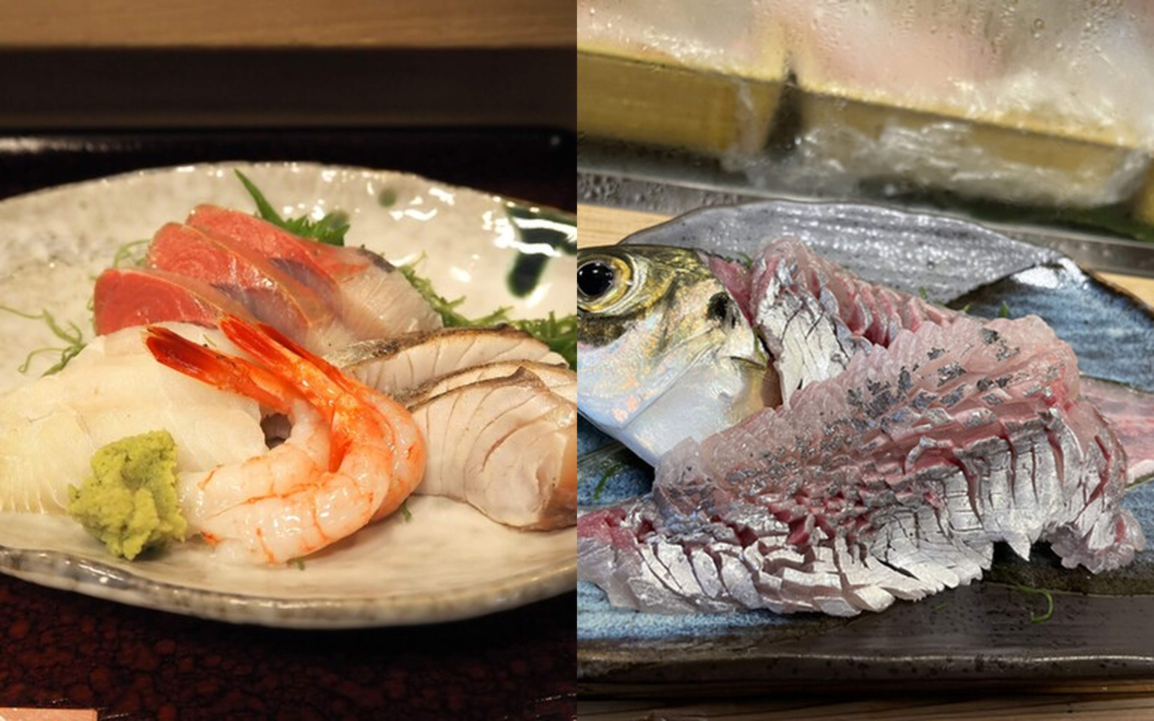 A platter of sashimi with prawn, and horse mackerel tataki served with its head