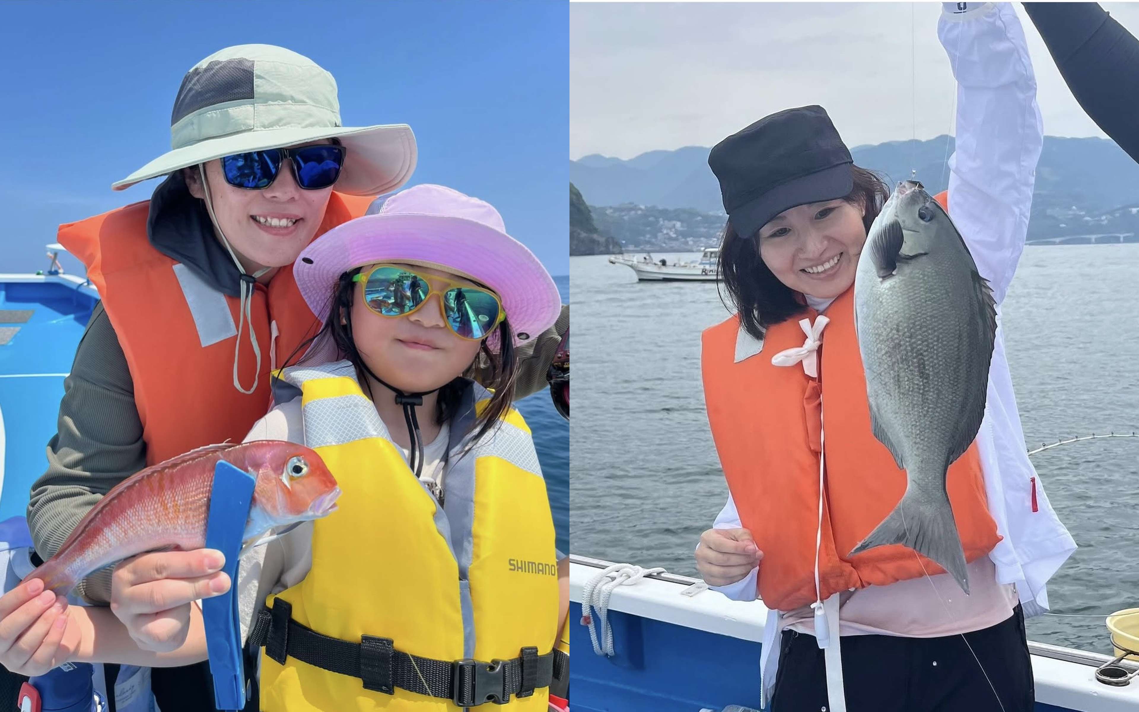 A woman and a girl holding a pink fish together, and a woman holding up a round grey fish