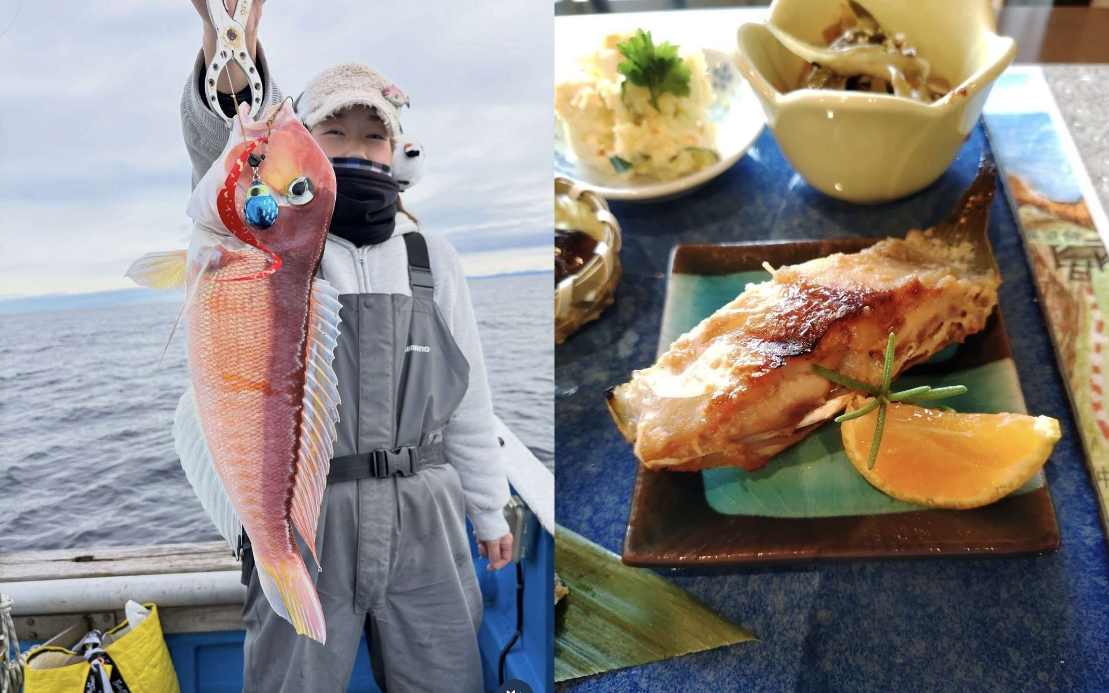 A man in blue bib trousers holding a brown banded fish, and a lunch tray of small dishes at Nagi no Terrace Naka