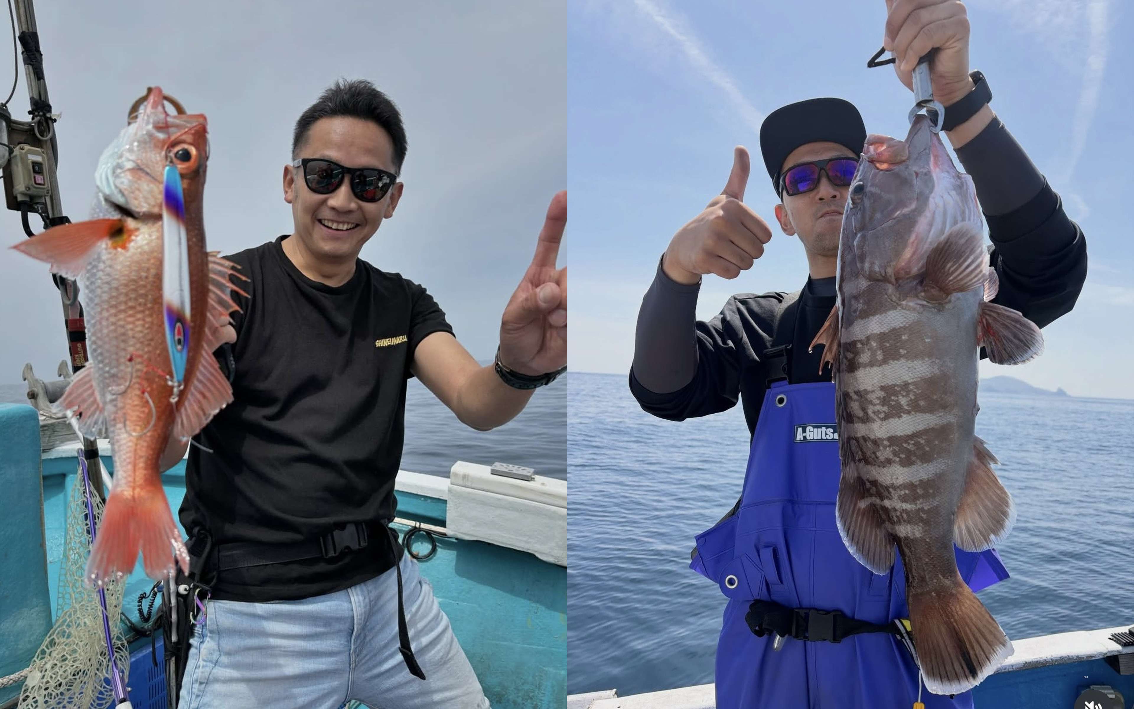 A man in an orange jacket holding a spiny red fish, and a woman in a black hood holding a brown banded fish