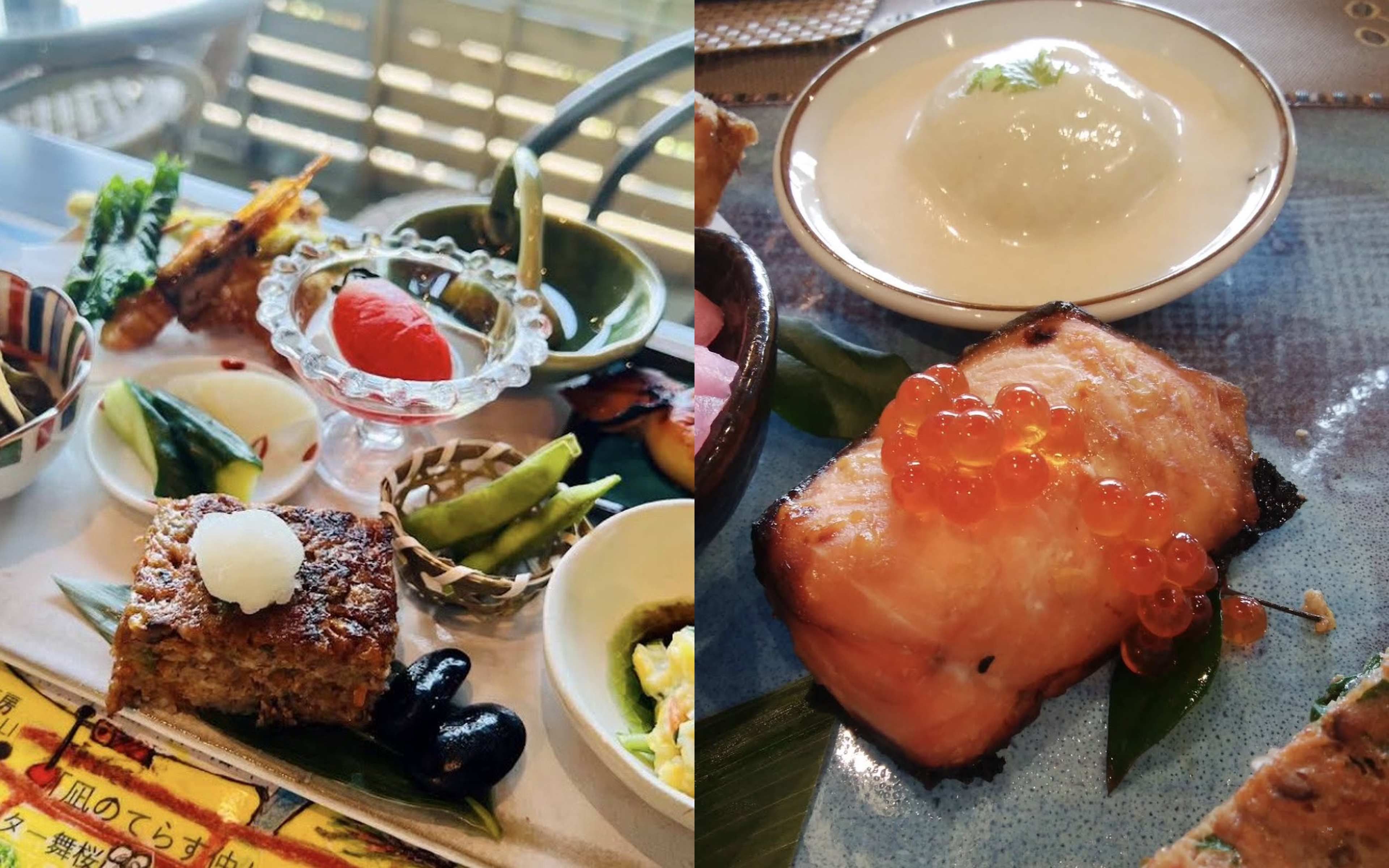 Grilled fish with a wedge of citrus, and grilled salmon topped with salmon roe
