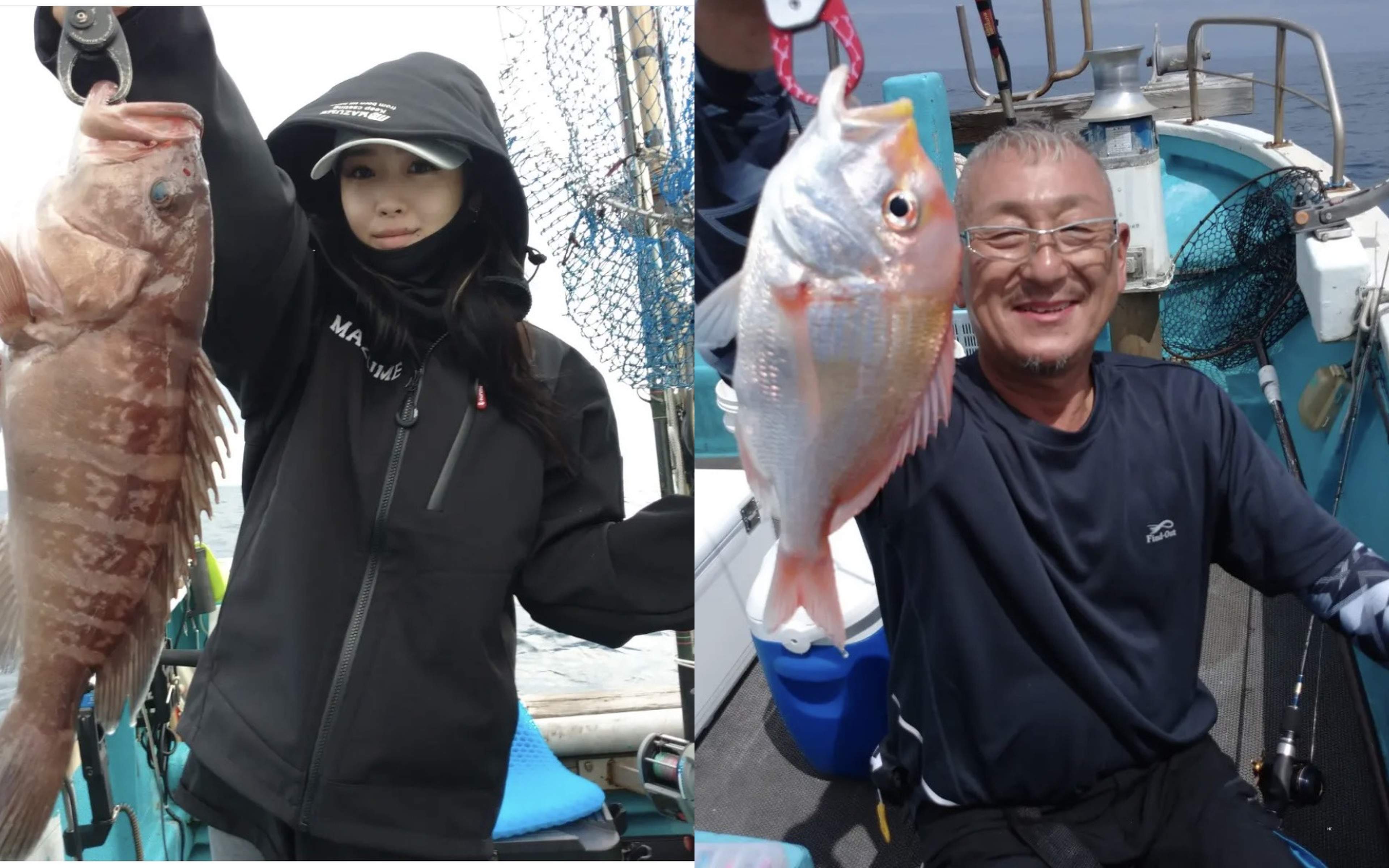 A woman in a white knit hat holding a slender red fish with a jig, and a man in yellow bib trousers holding a spiny red fish
