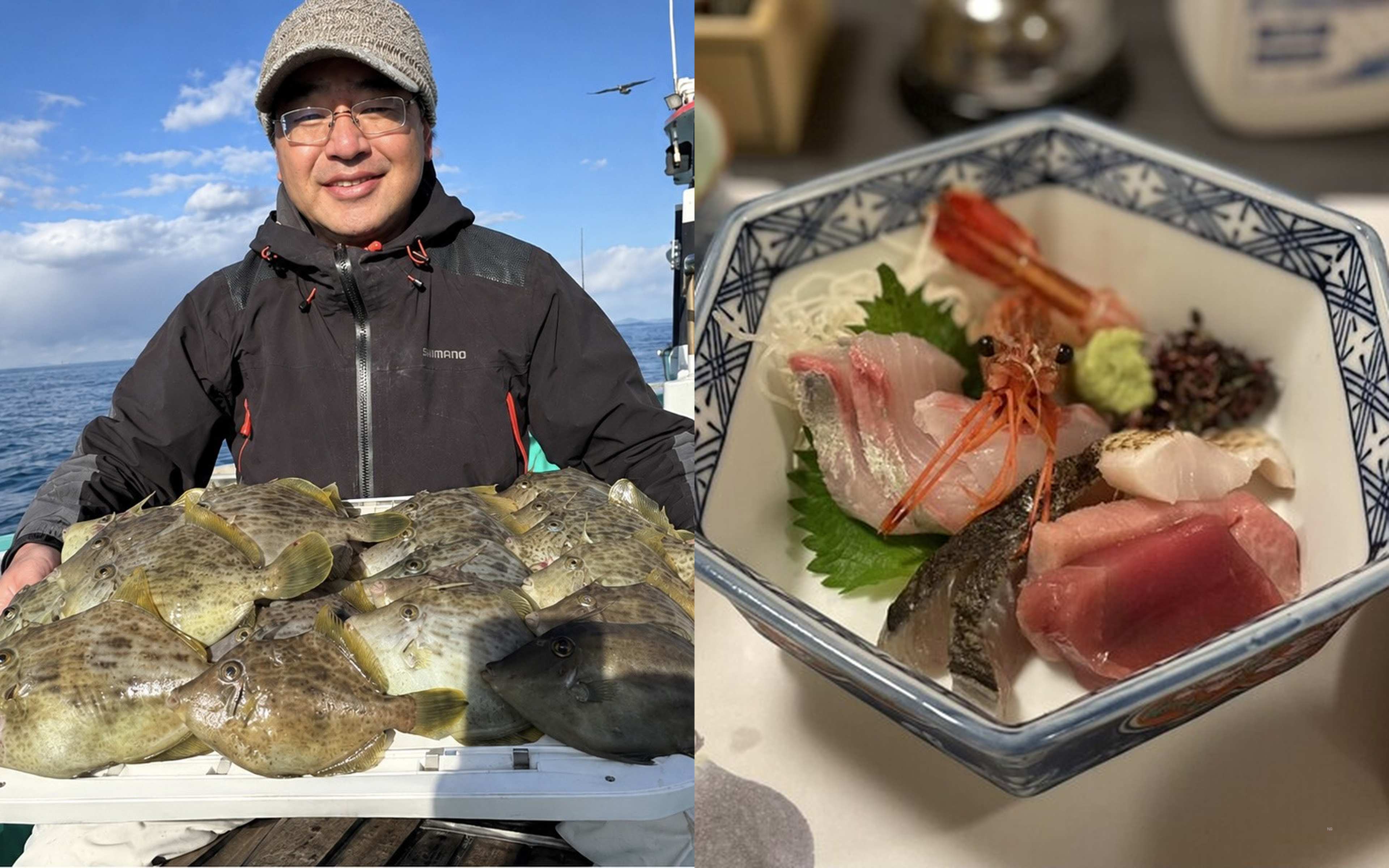 A man in a grey knit hat holding a box heaped with flat fish, and a sashimi platter topped with sweet shrimp