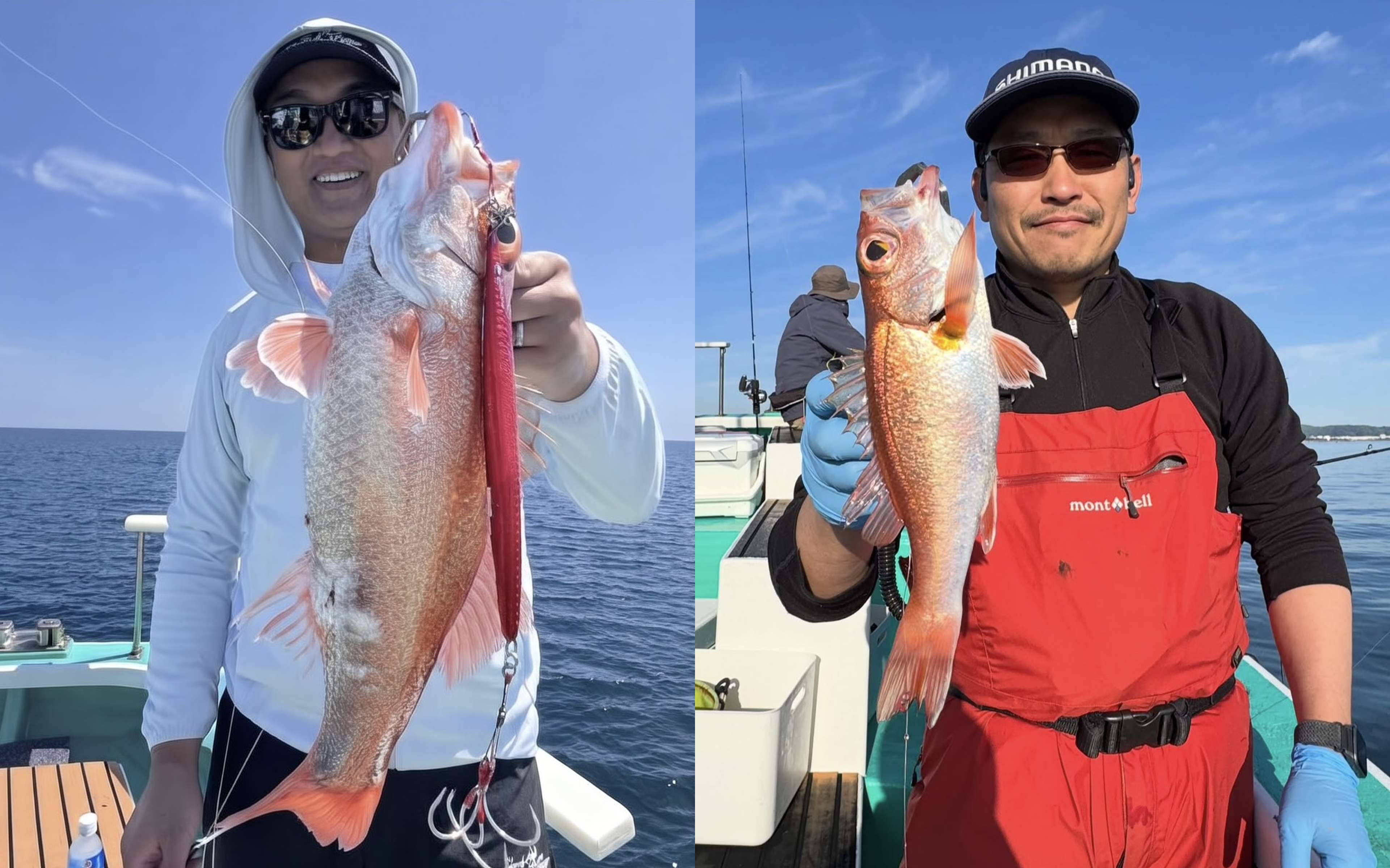 A man in a white hood holding a red fish on a red jig, and a man in red bib trousers holding a red fish