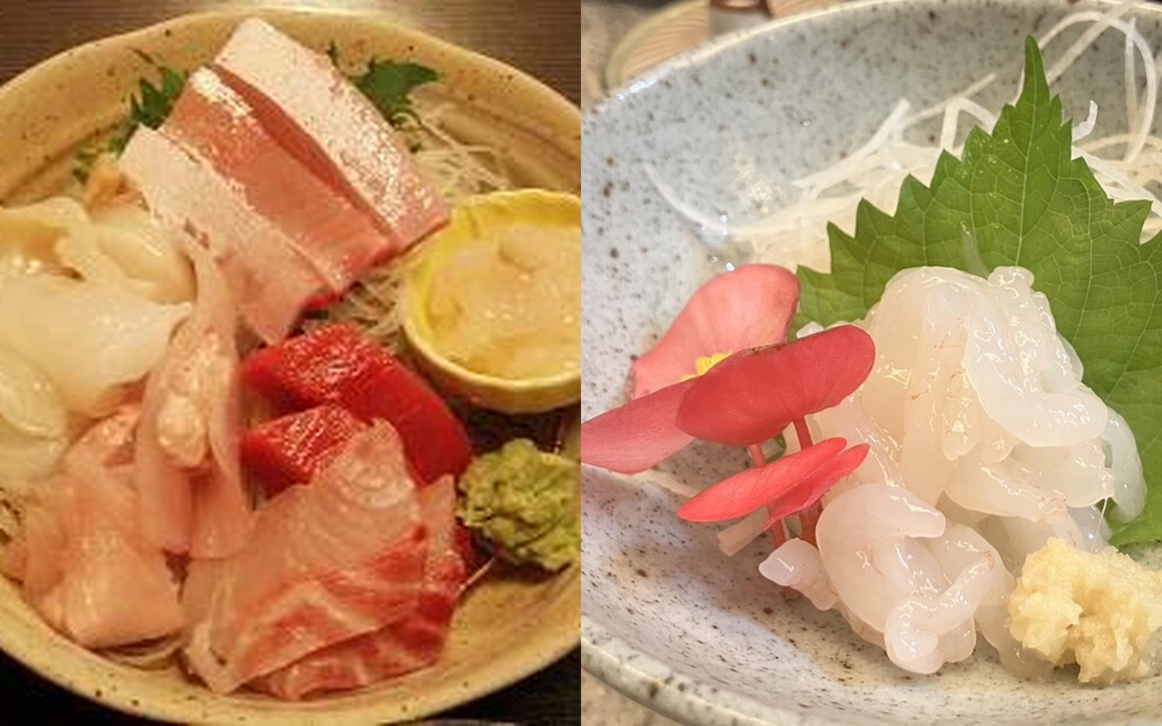 A sashimi platter, and translucent sashimi served with a shiso leaf