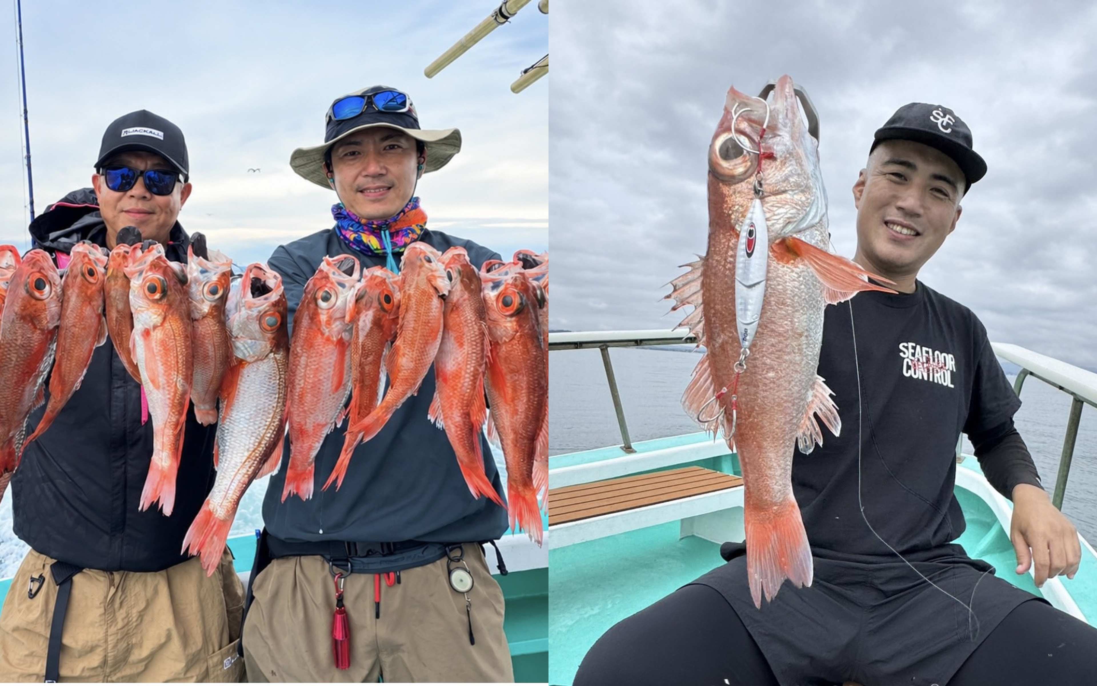 Two men holding up rows of red fish, and a man in a black T-shirt holding a red fish on a silver jig