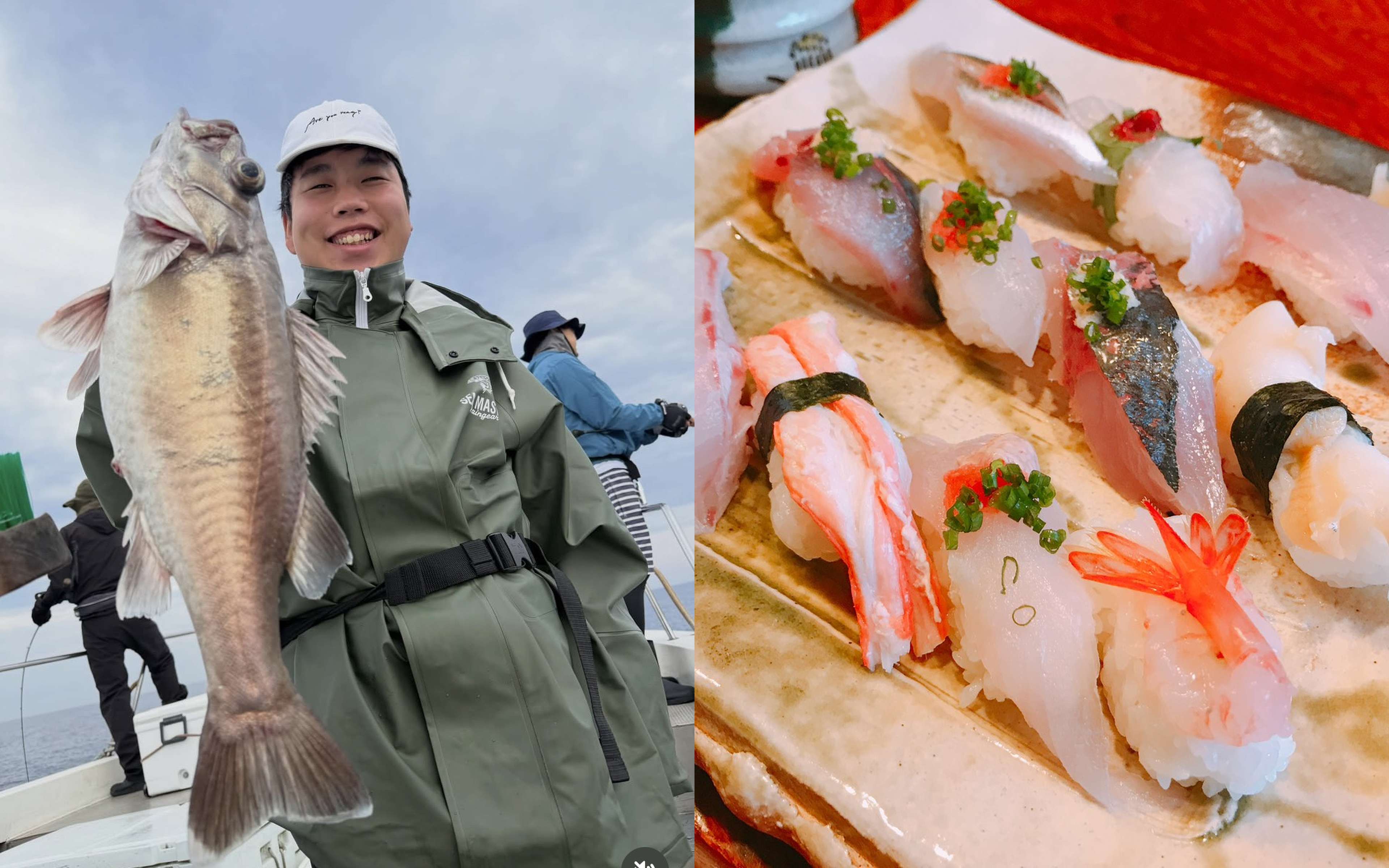 A man in a white cap and green rain jacket holding a big brown fish, and a platter of nigiri sushi with shrimp and crab
