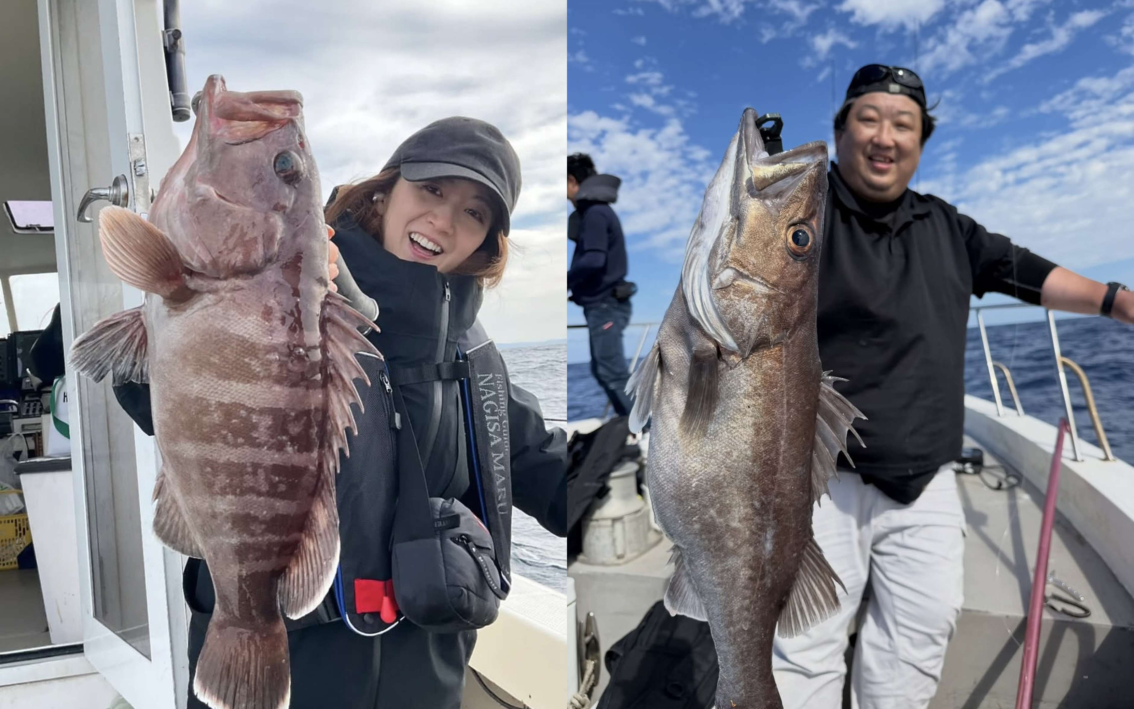 A woman in a black cap holding a reddish banded fish, and a man in a black cap holding a big fish