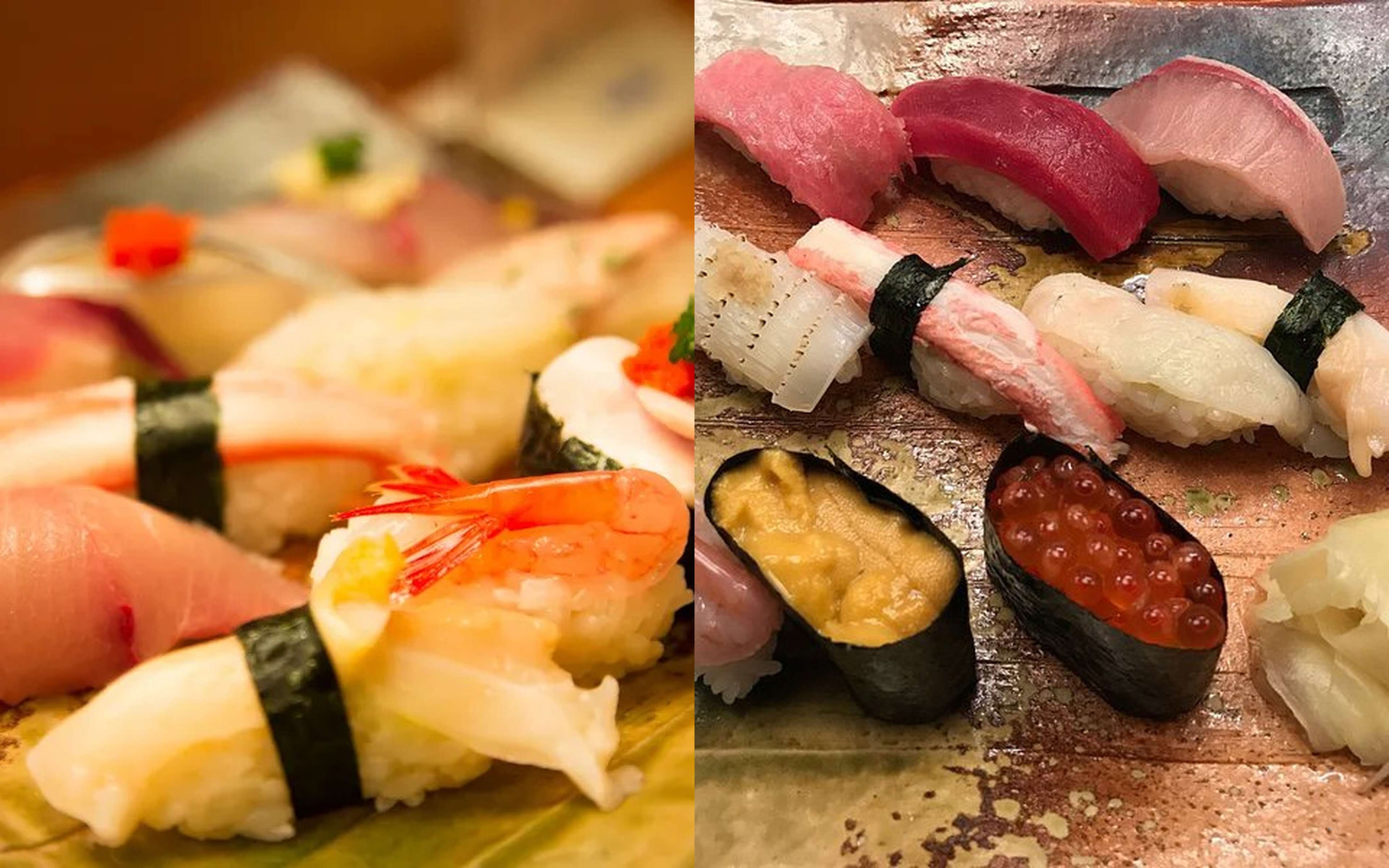 A sushi platter with shrimp nigiri, and nigiri with sea urchin and salmon roe gunkan