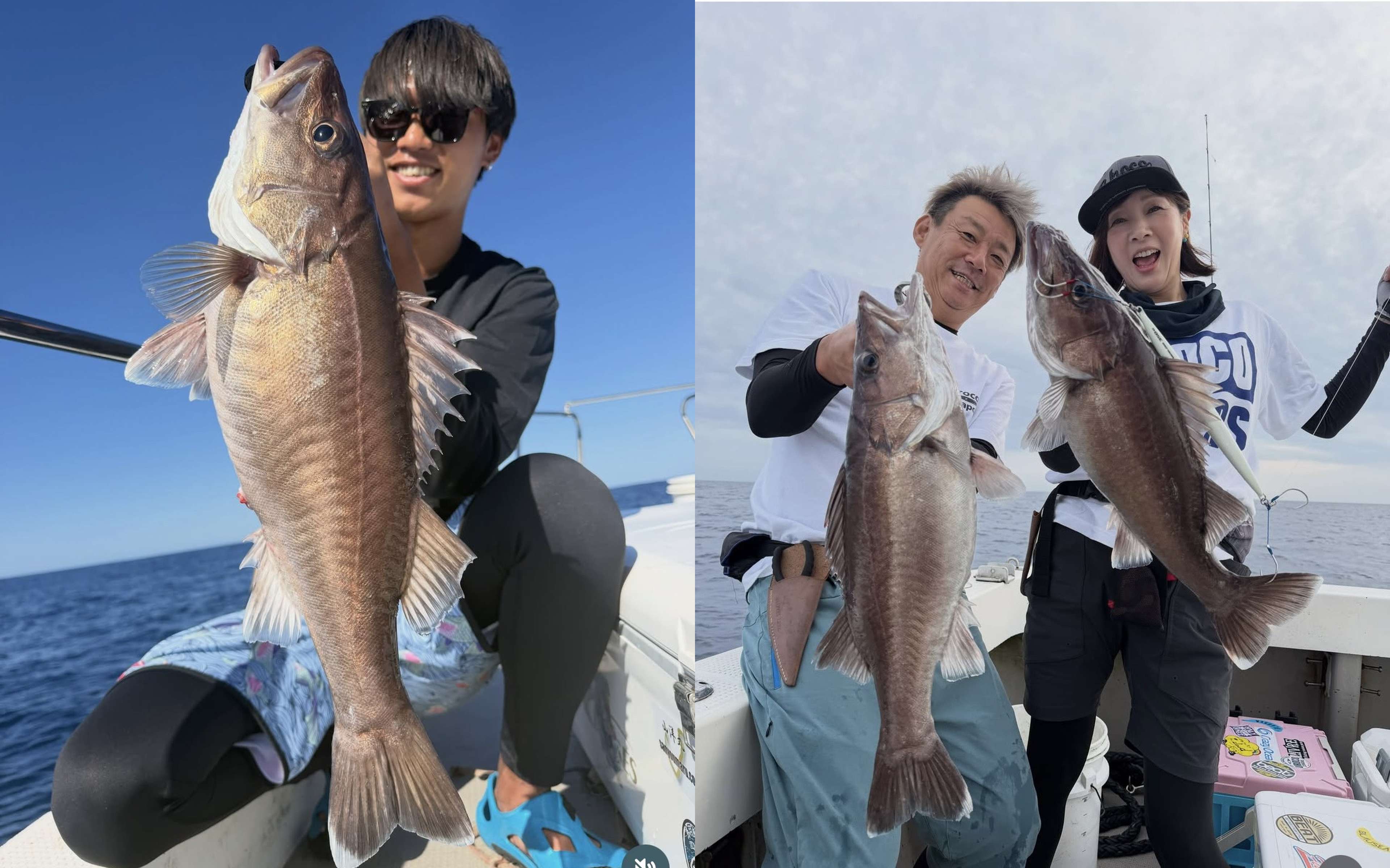 A man in sunglasses holding a long brown fish, and a man and a woman each holding a brown fish