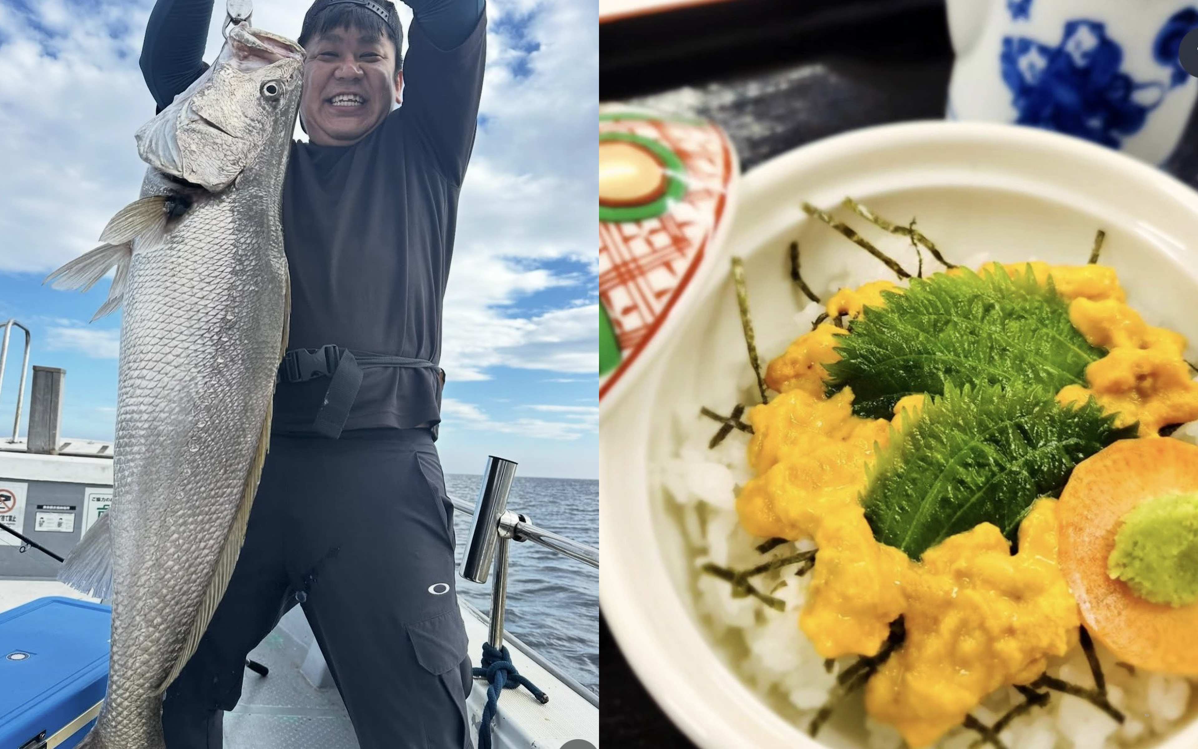 A man lifting a big silver fish overhead, and a sea urchin rice bowl