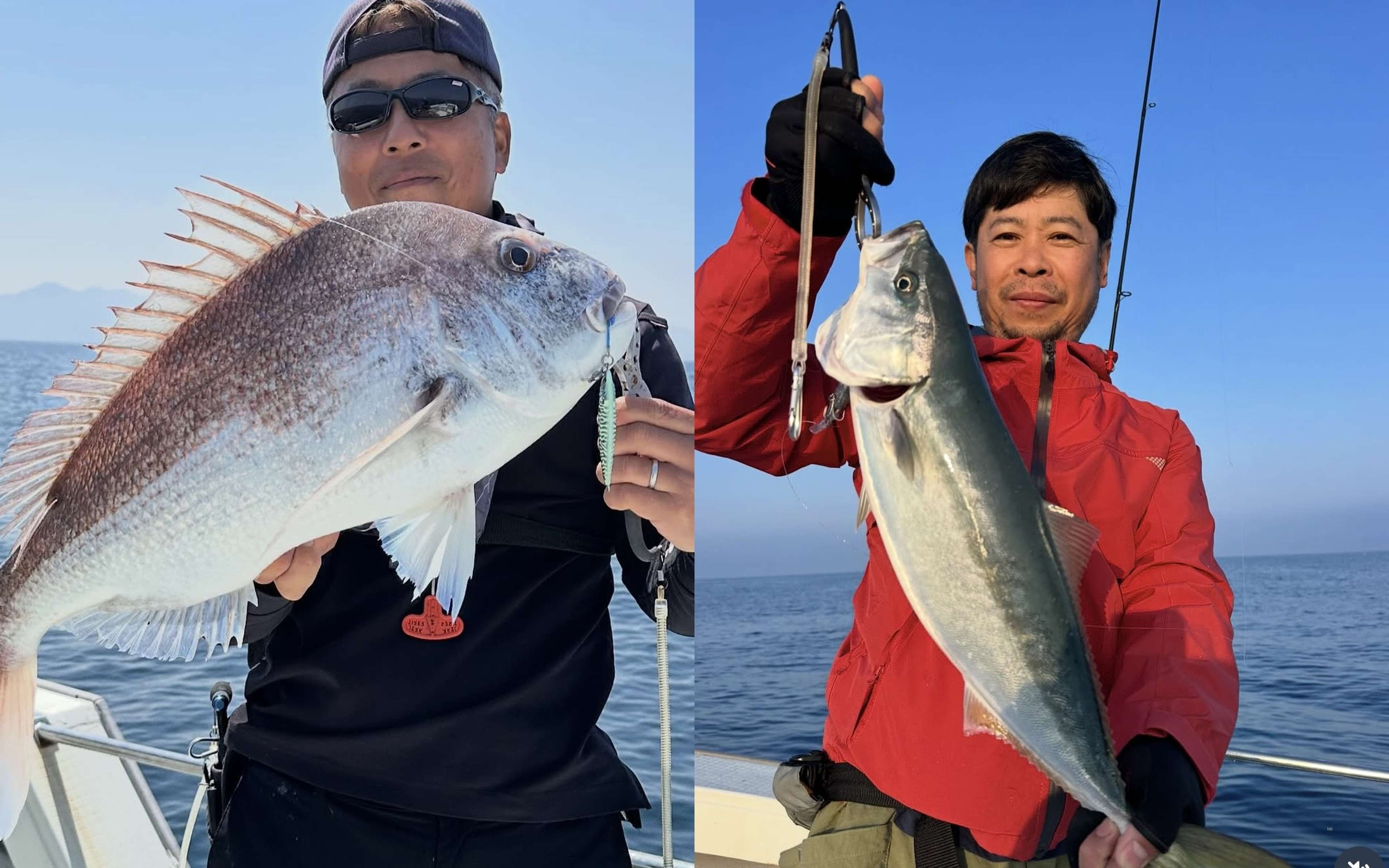 A man holding a red sea bream, and a man in a red jacket with a yellowtail