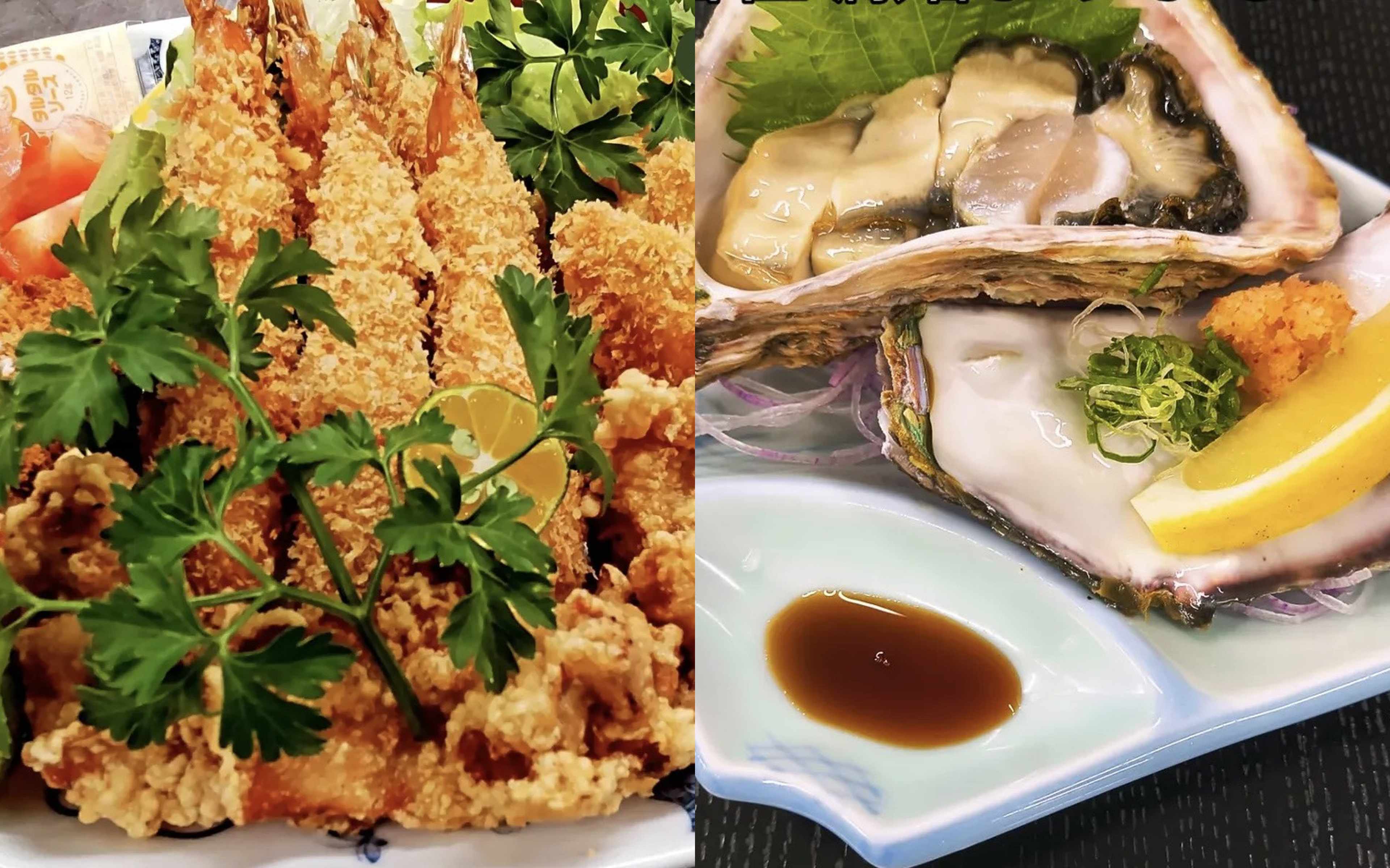 Fried prawns and other fried dishes, and rock oysters on the half shell