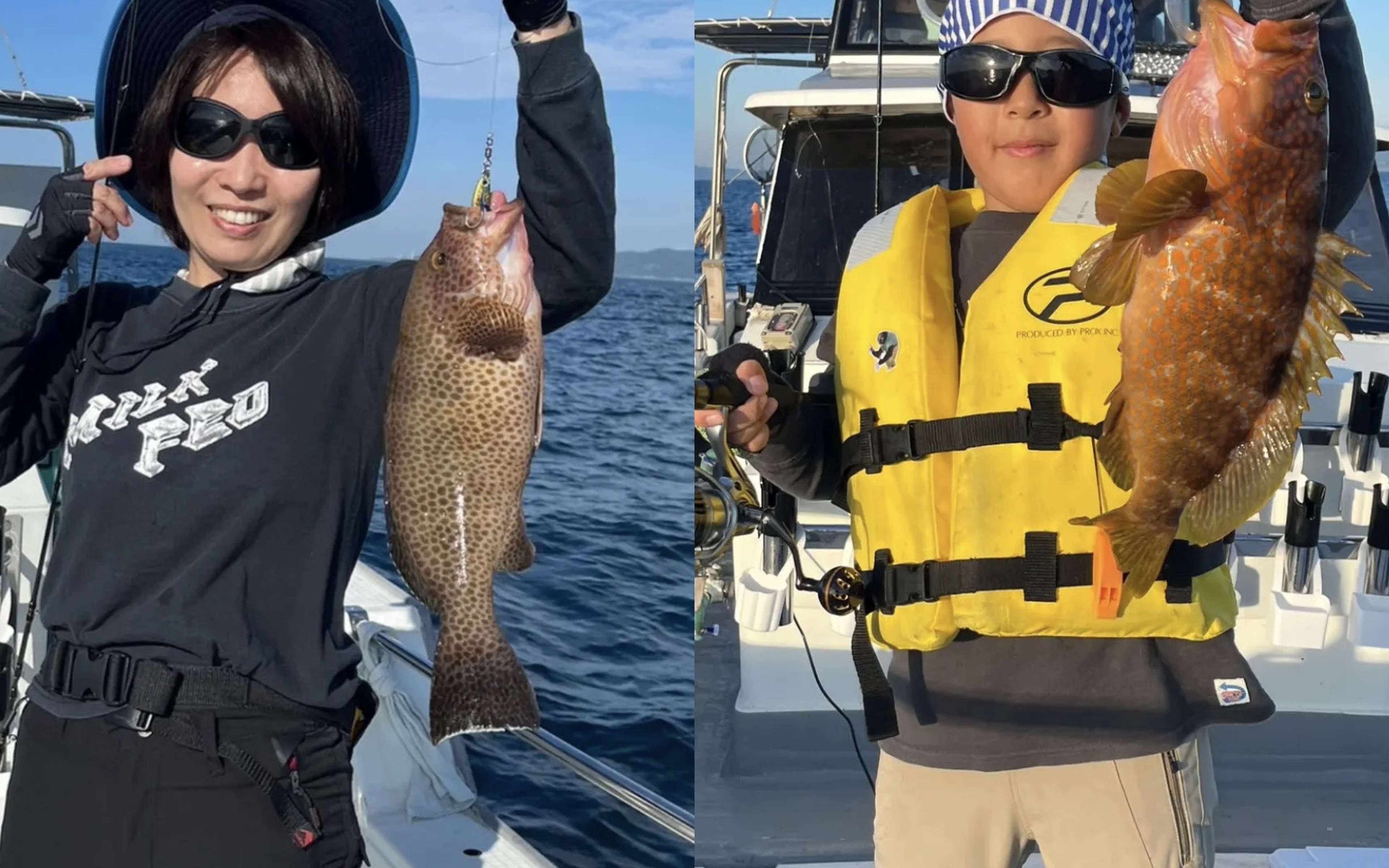 A woman with a spotted grouper, and a child in a yellow life jacket holding a red grouper