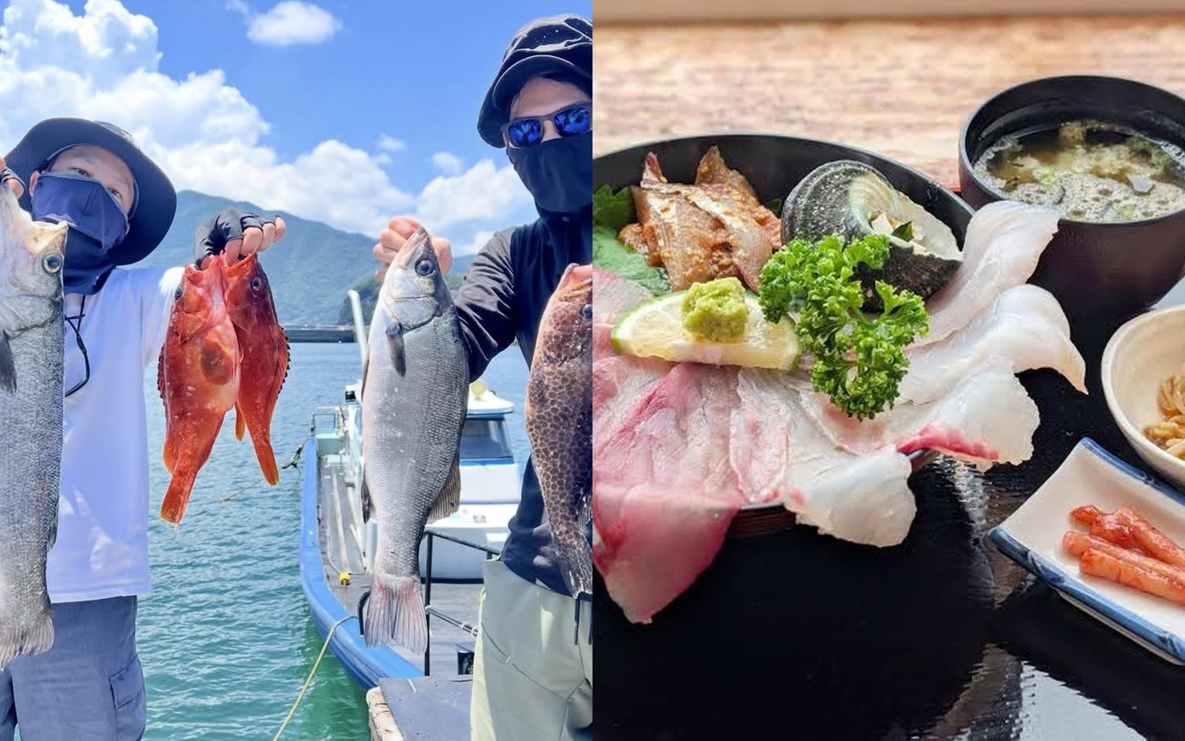Two anglers showing a string of fish at the harbour, and a sashimi rice bowl