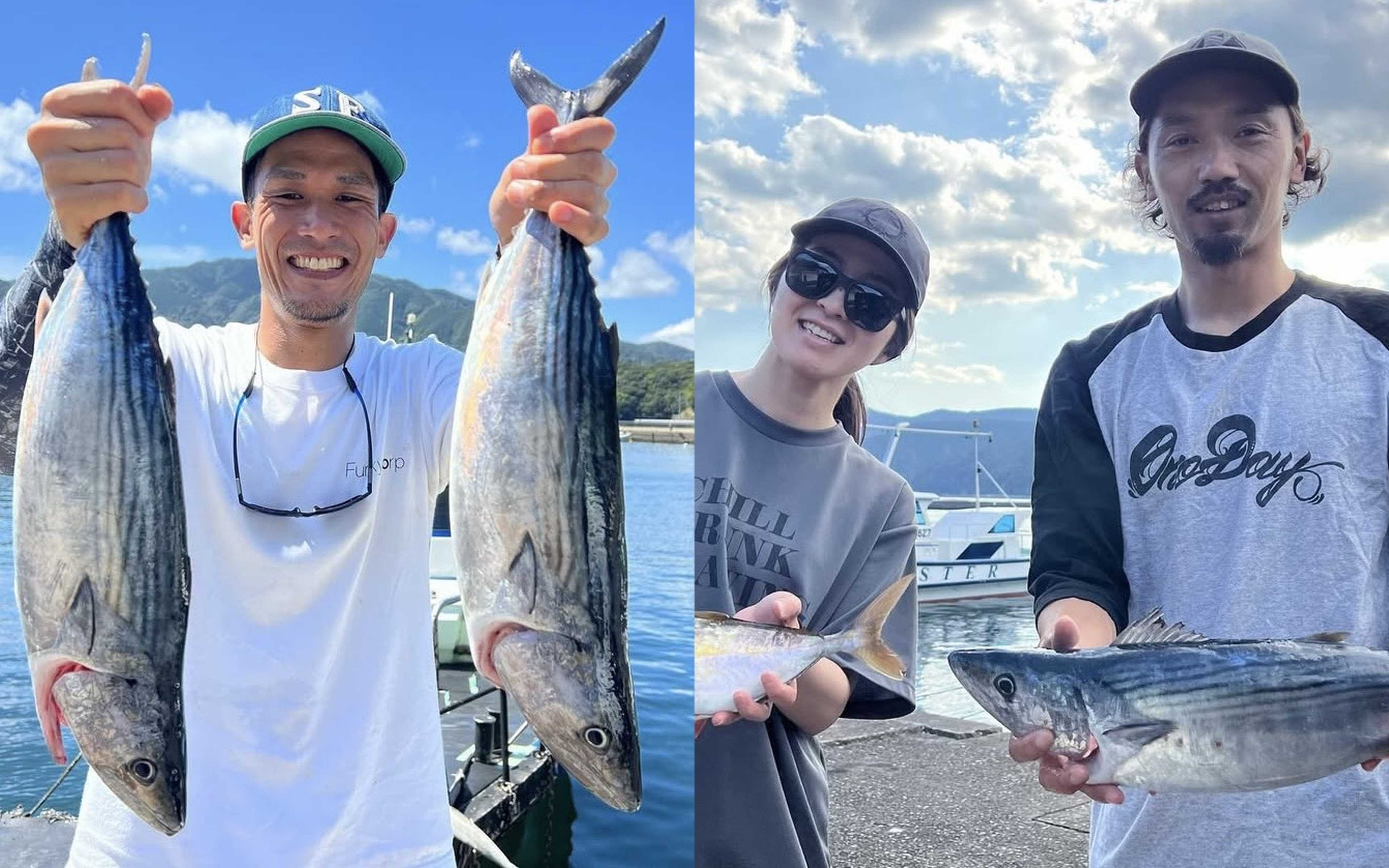 A man holding a striped fish in each hand, and a couple with their catch at the harbour