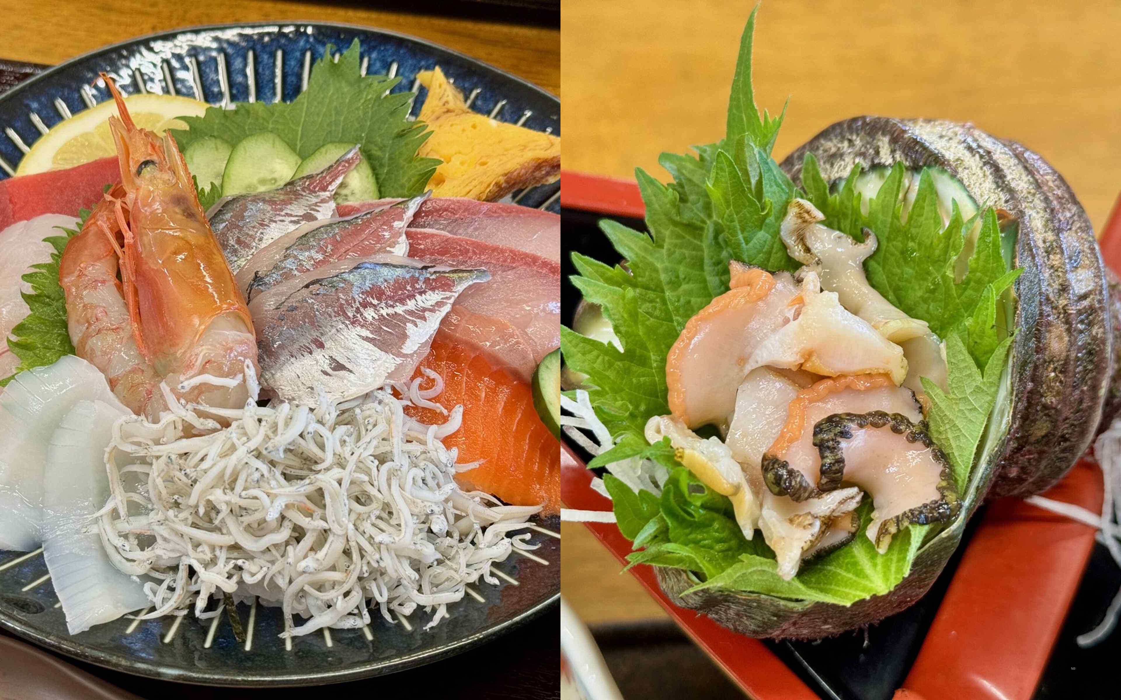 A whitebait and sashimi rice bowl, and turban shell sashimi