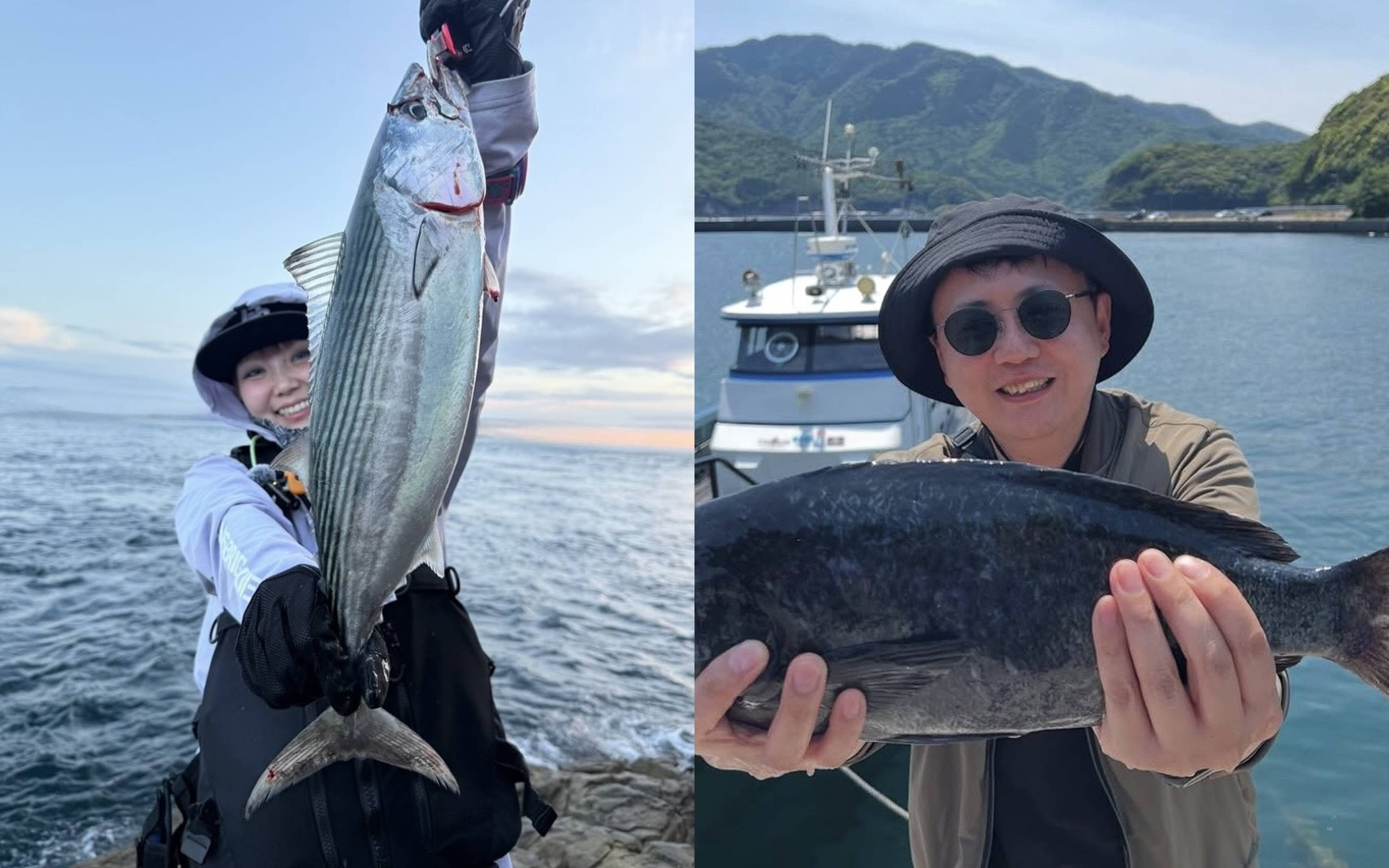 A woman holding up a striped fish on the rocks, and a man with a large dark fish