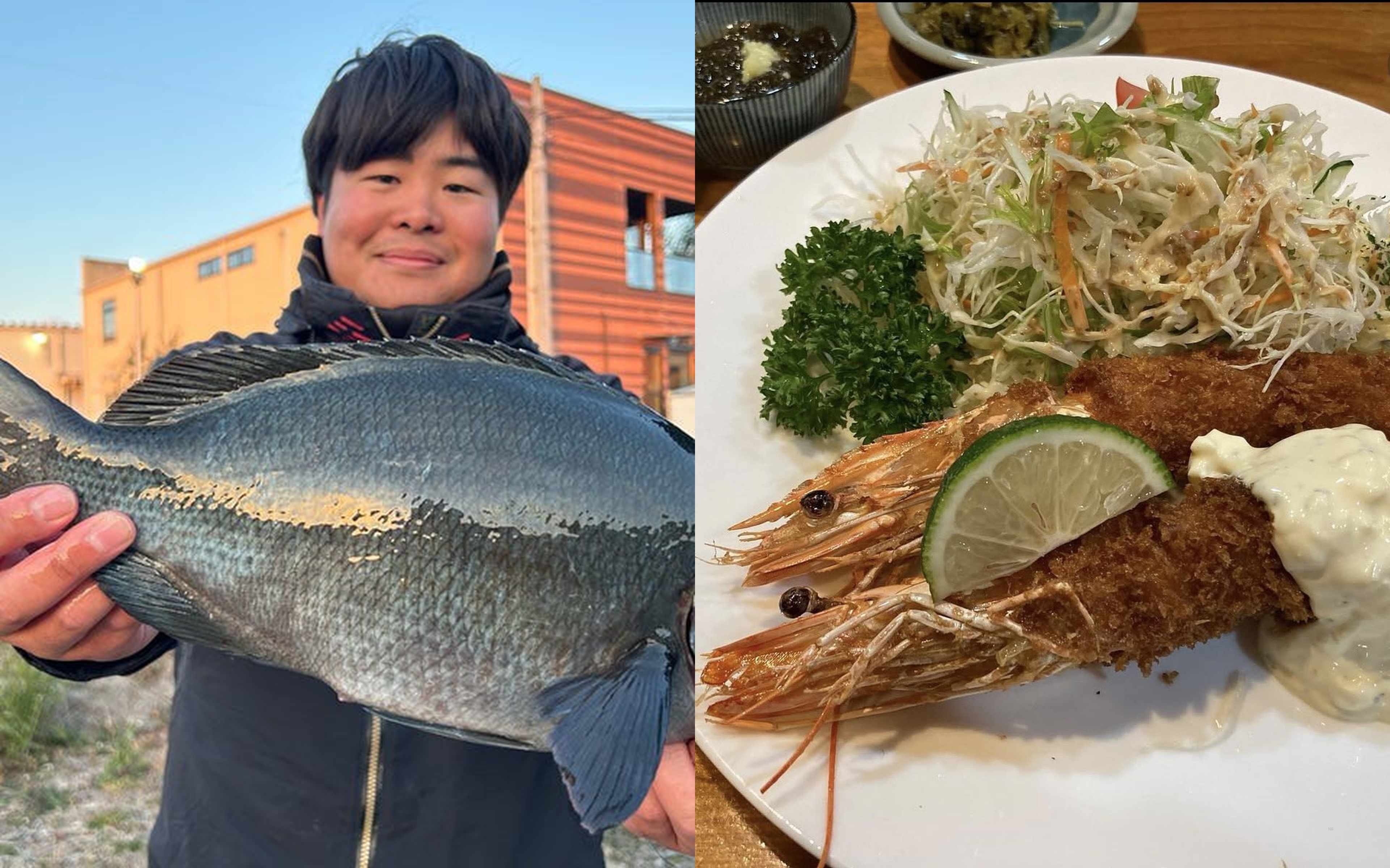 A man holding a dark fish, and a fried prawn set meal