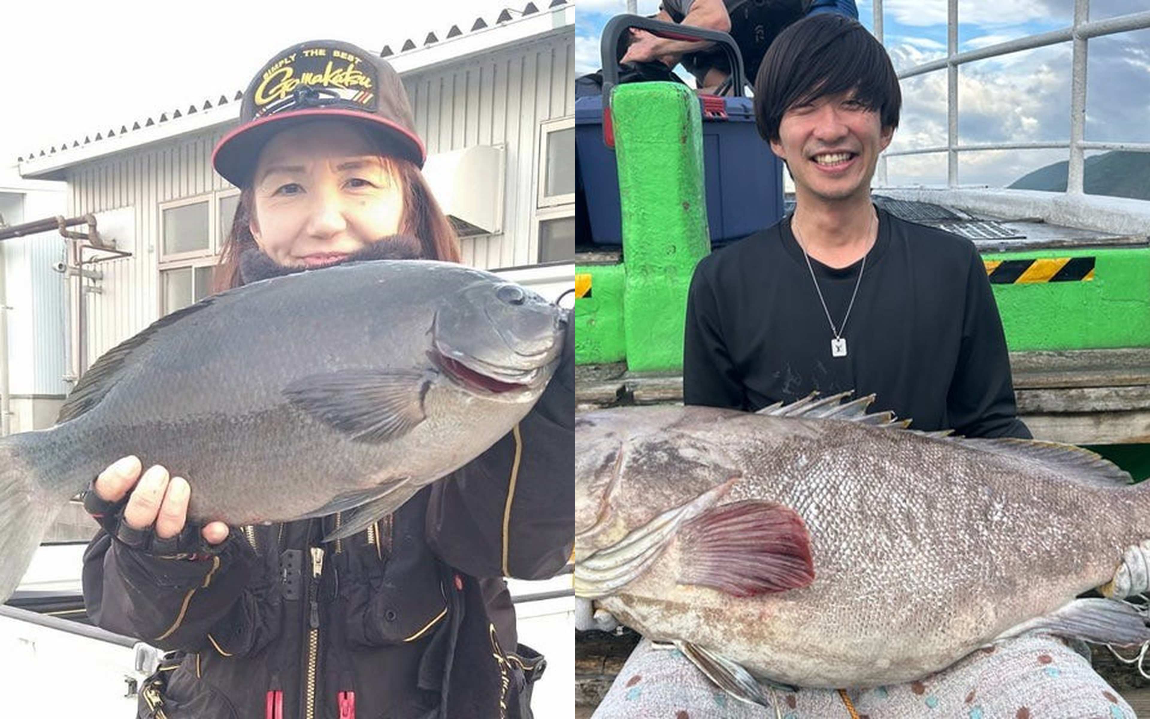 A woman holding a dark fish, and a man with a grouper across his lap