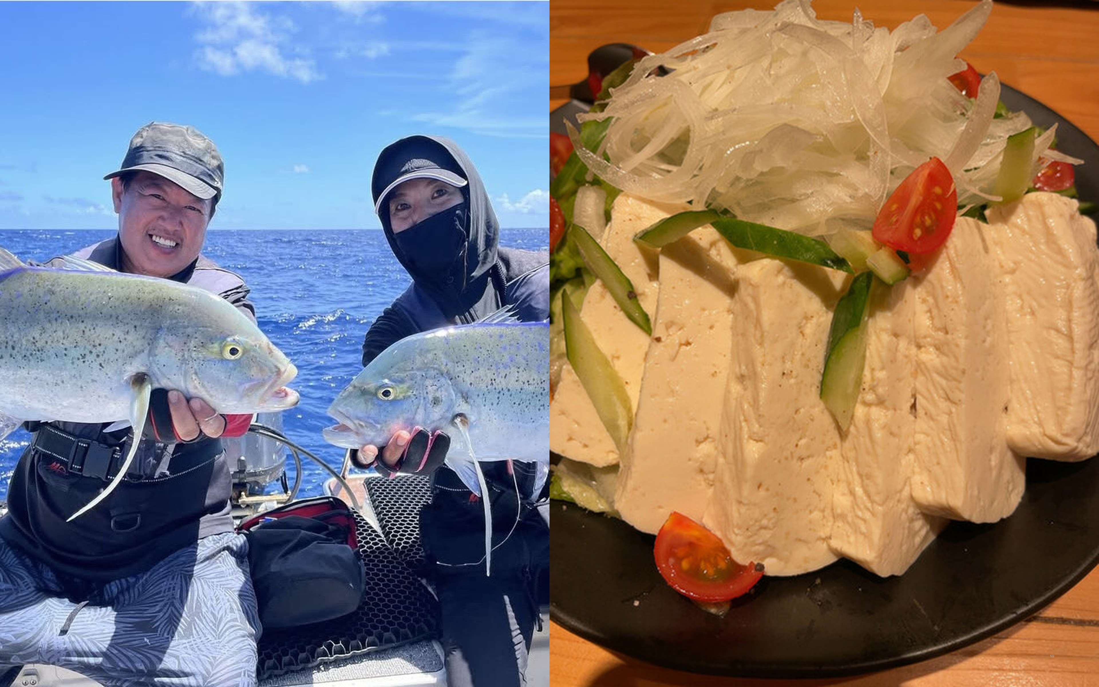 Two anglers each holding a blue-speckled fish, and a tofu salad